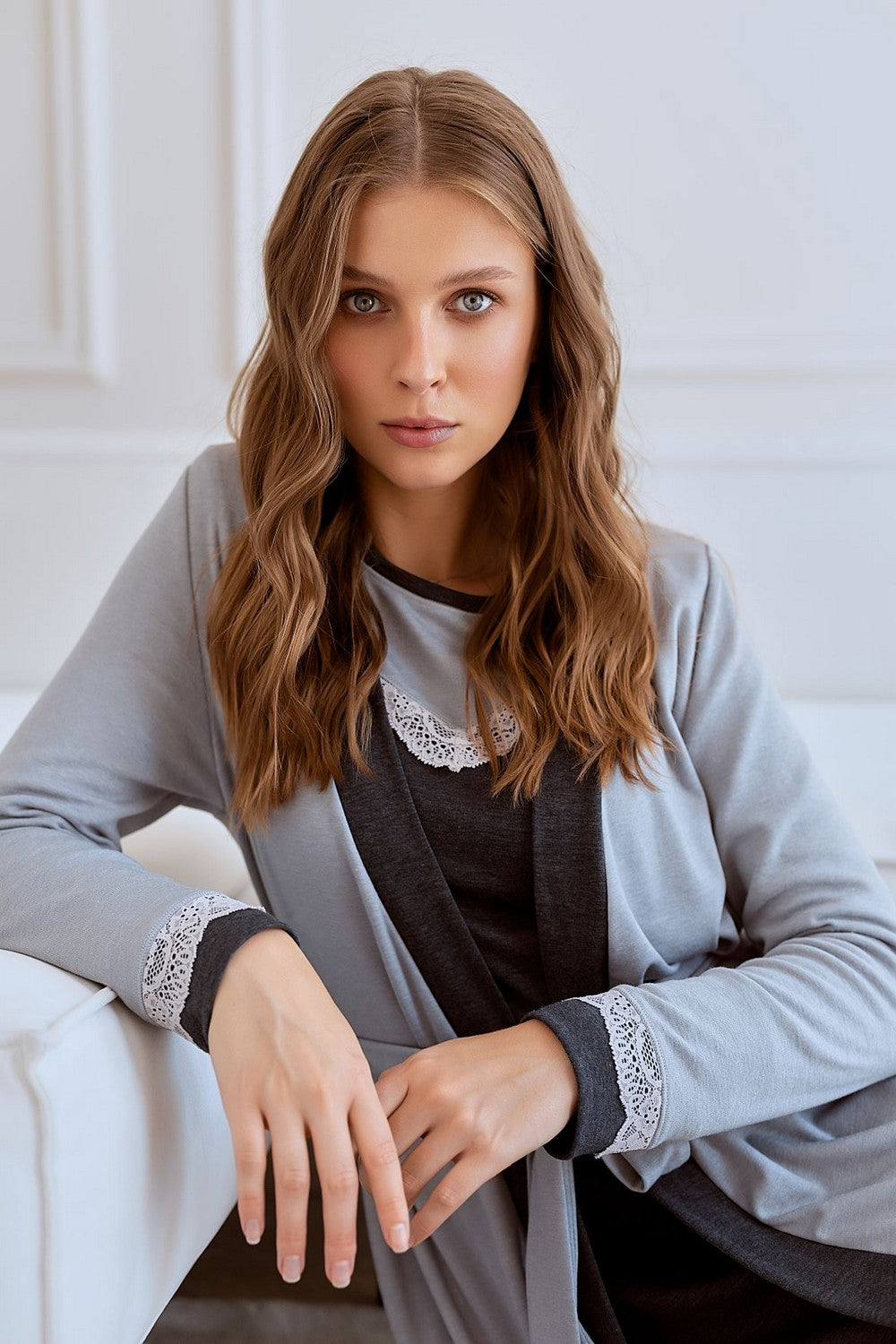 Хлопковый халат с поясом GR-5070 Gergia light grey