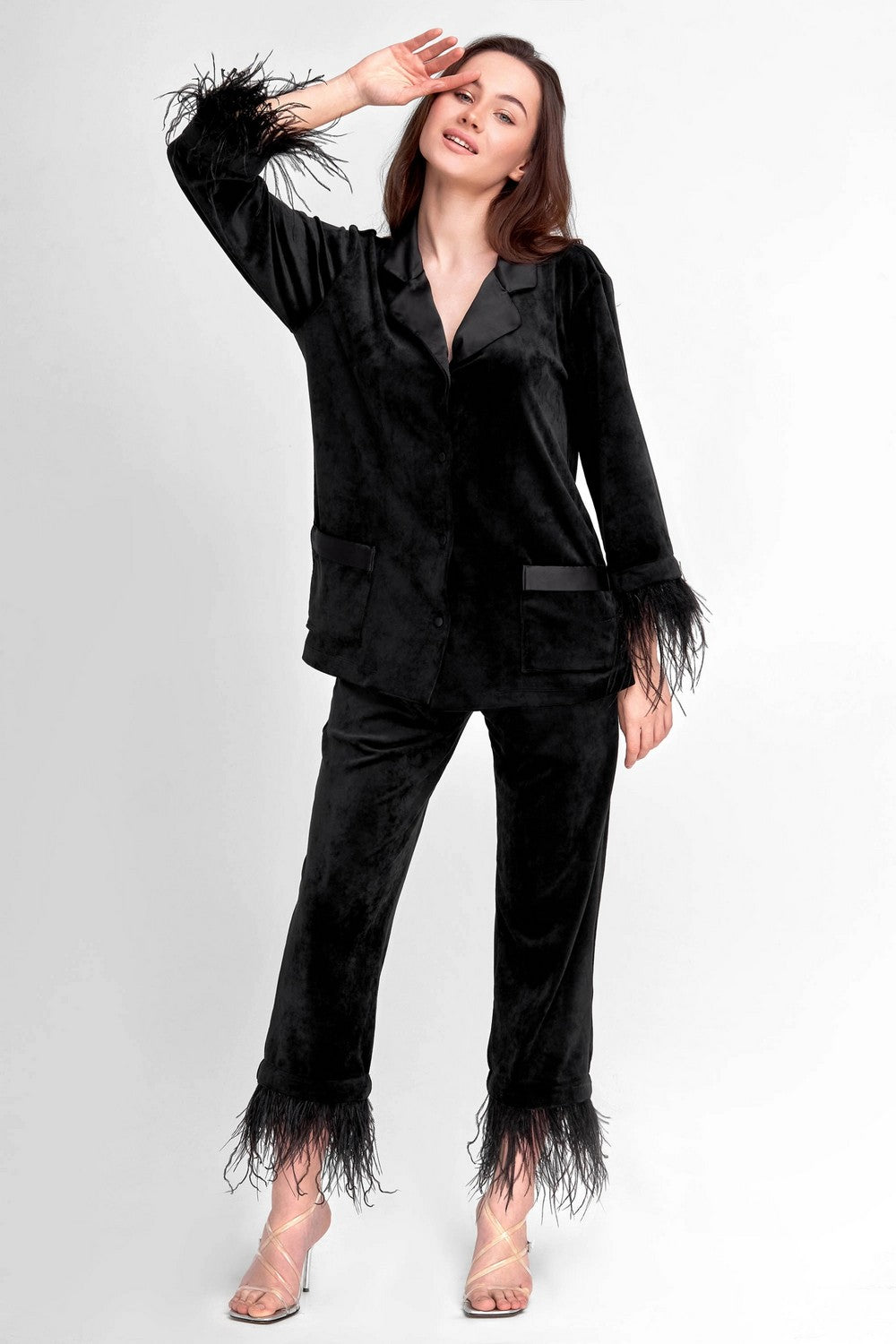 Велюровая пижама с перьями 8175-6216-4 black