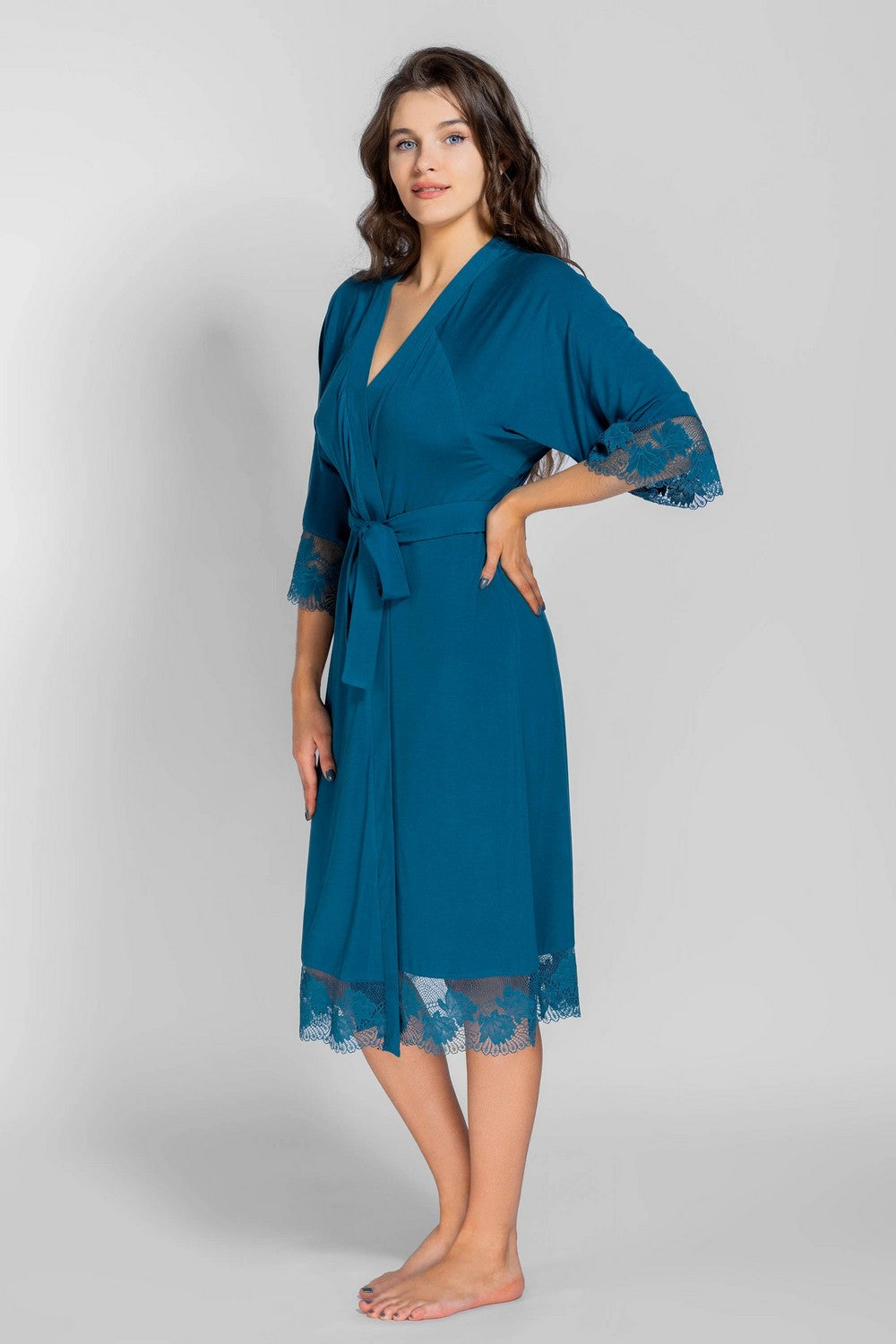 Халат з модалу та мережива 8183-6719 emerald