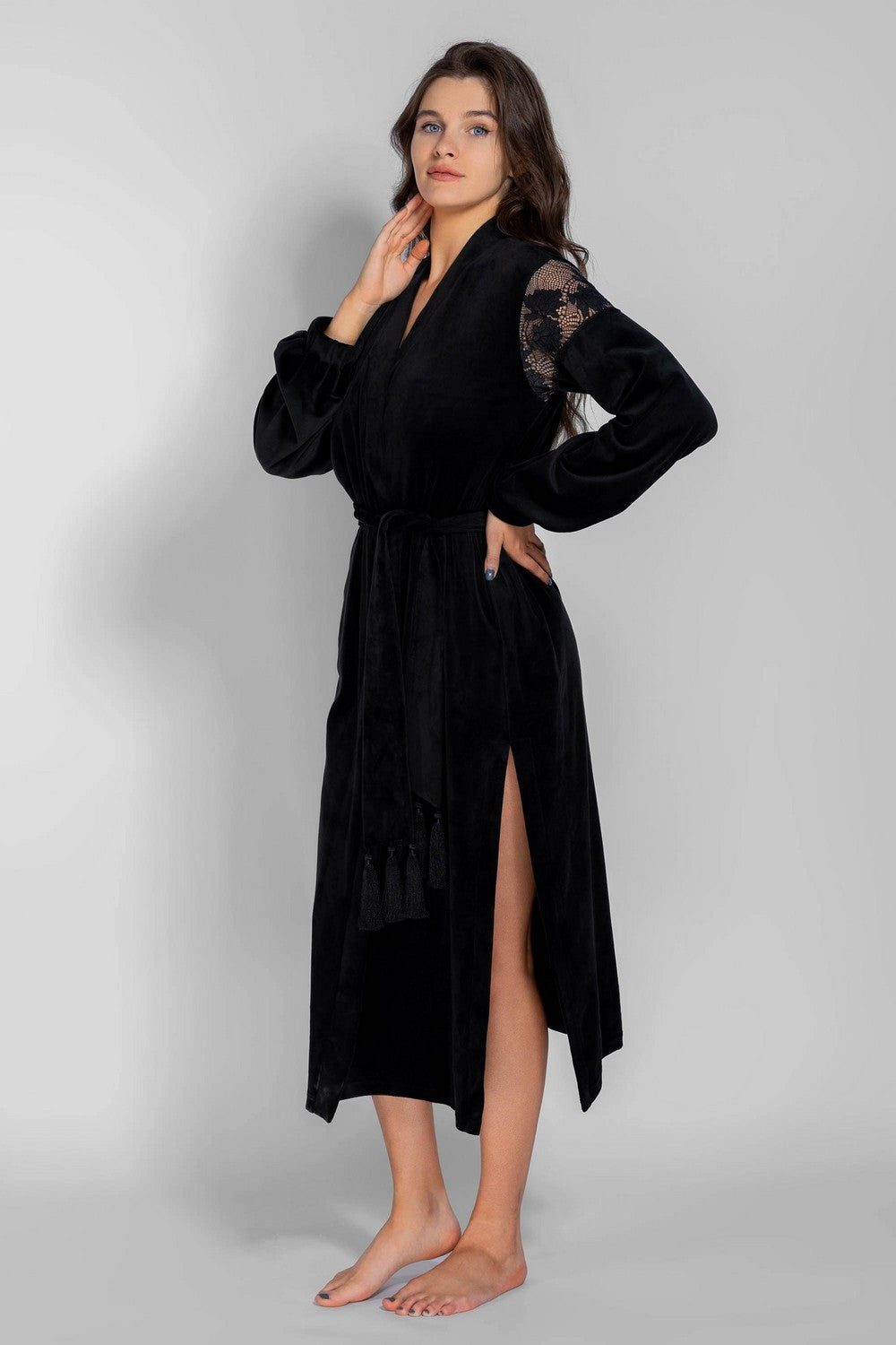 Велюровий халат з мереживом 8183-6723 black