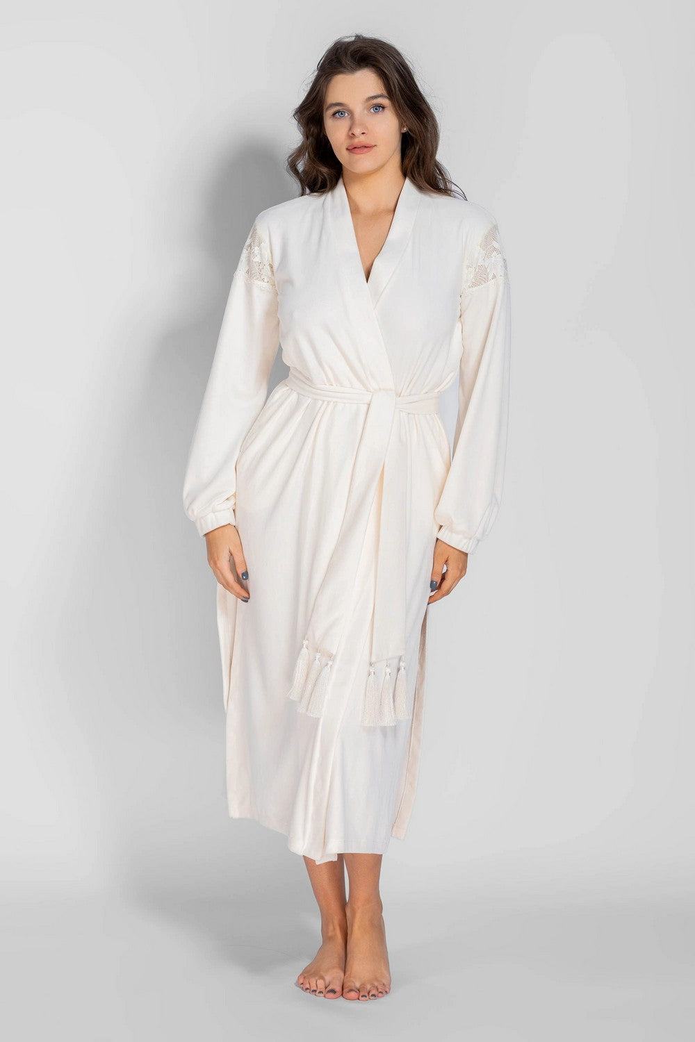 Велюровий халат з мереживом 8183-6723 champagne