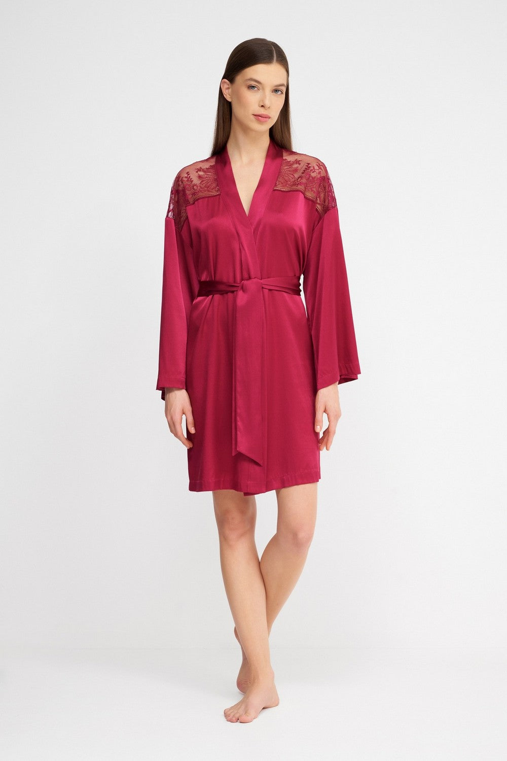 Шелковый халат с кружевом 2S65 Midnight Whisper crimson red
