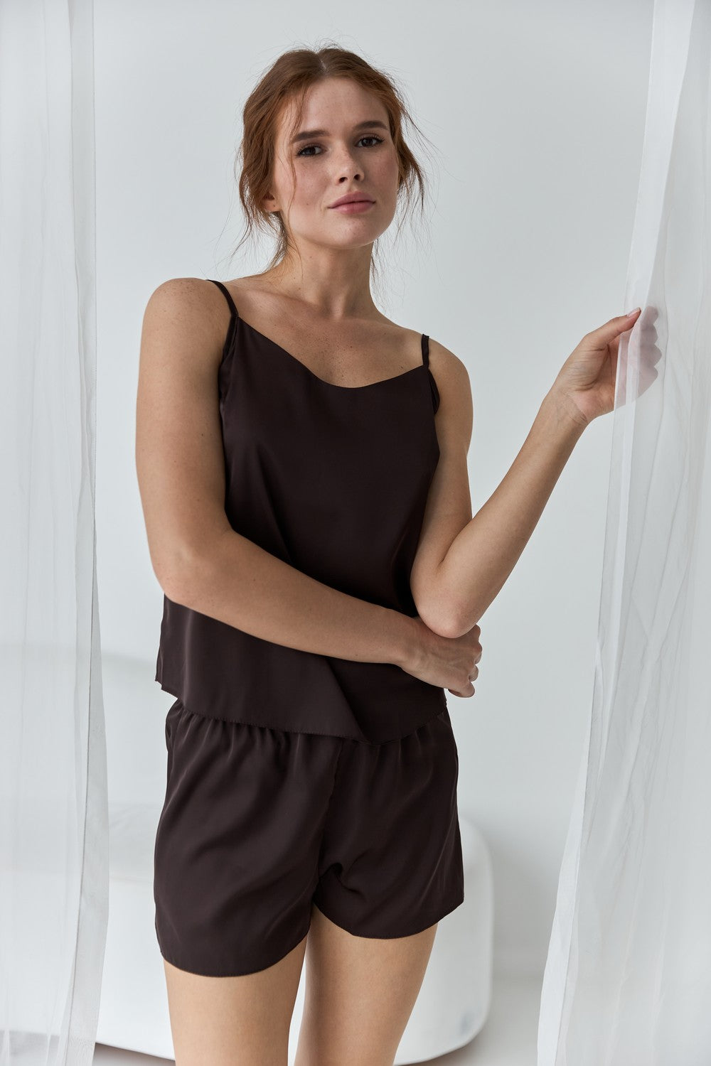 Атласная пижама с шортами 0166/72 dark chocolate