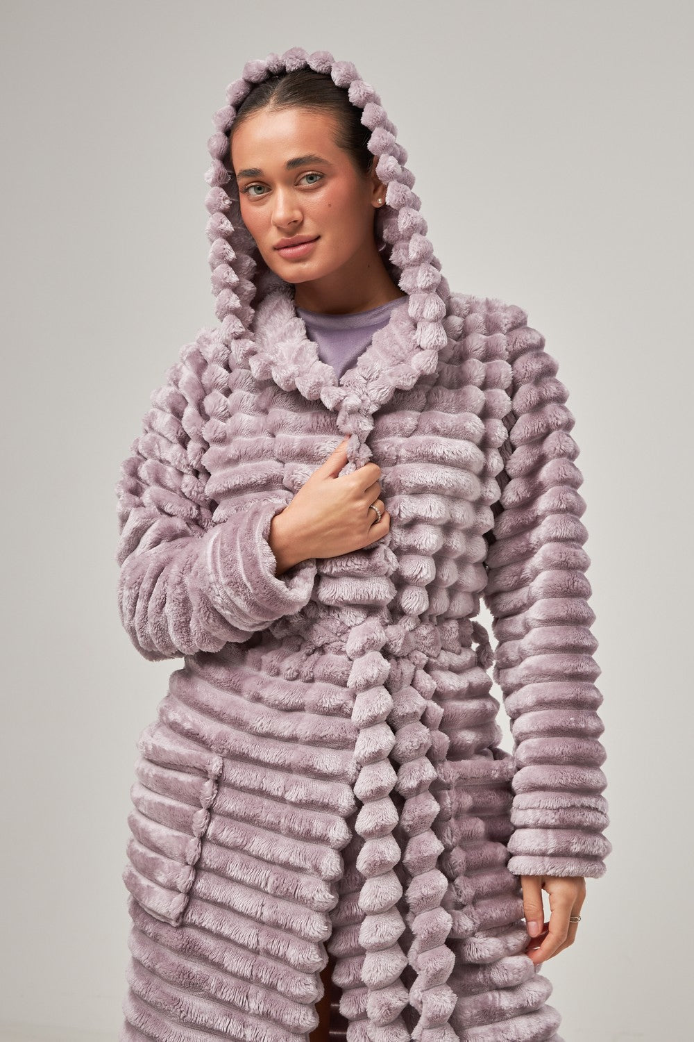 Халат из велсофта с капюшоном 0227/1 light lilac sharpei