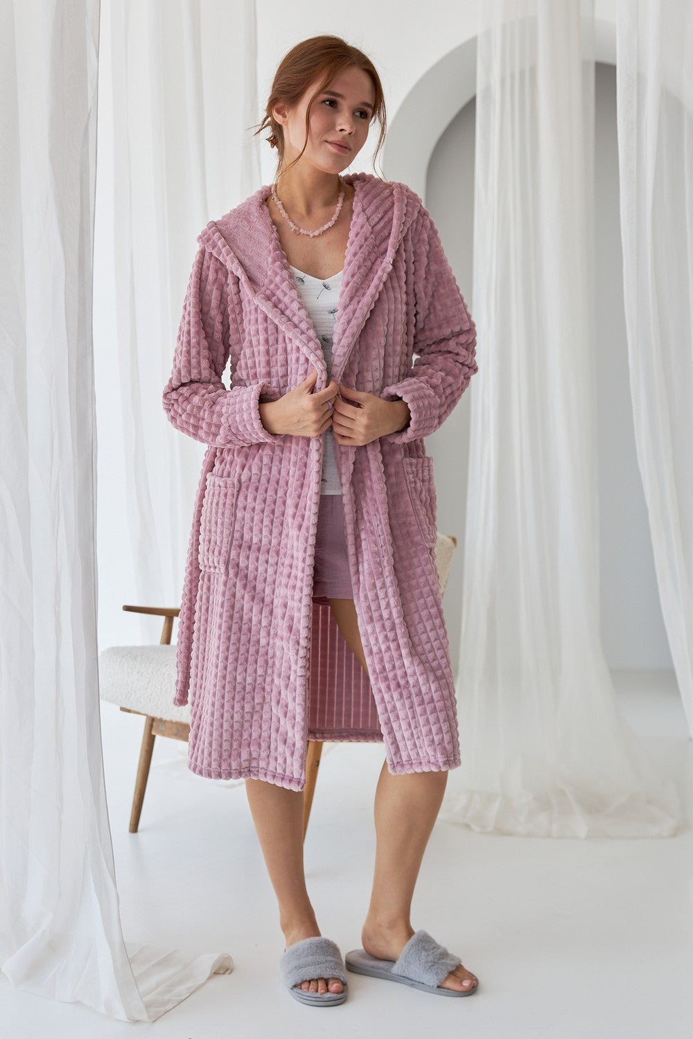 Халат из велсофта с капюшоном 0227/1 rose