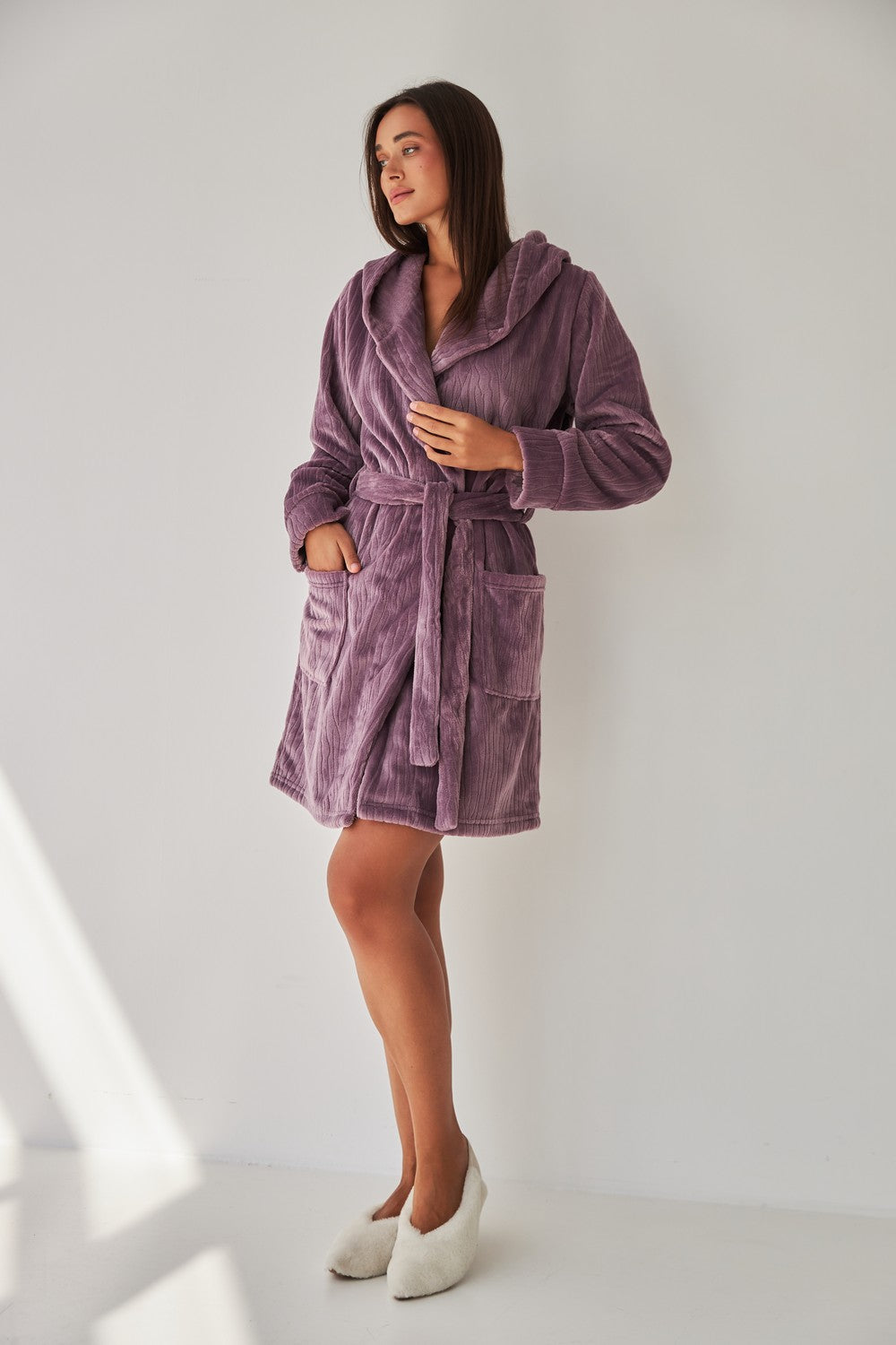 Халат из велсофта с капюшоном 0227 lilac relief