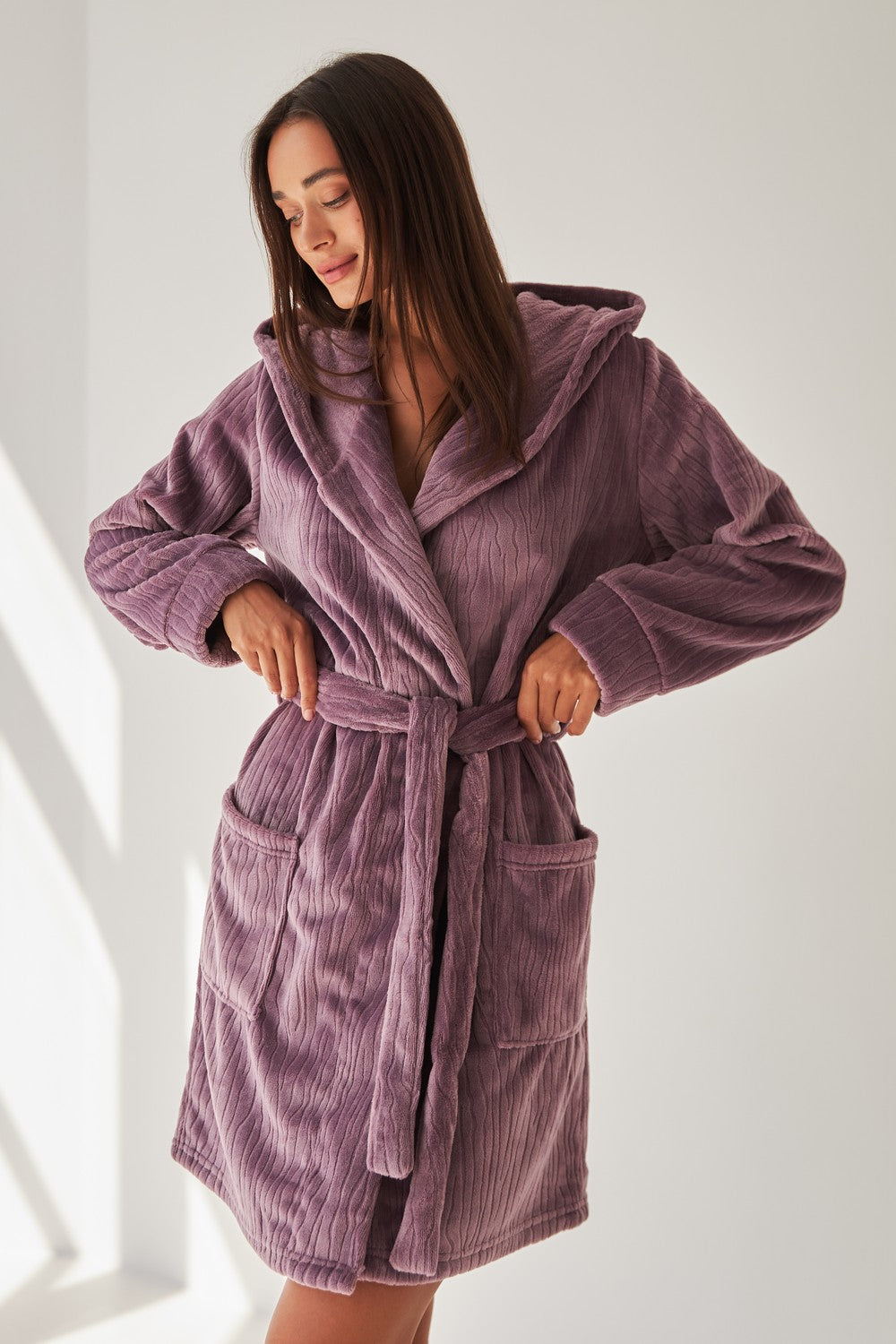 Халат из велсофта с капюшоном 0227 lilac relief