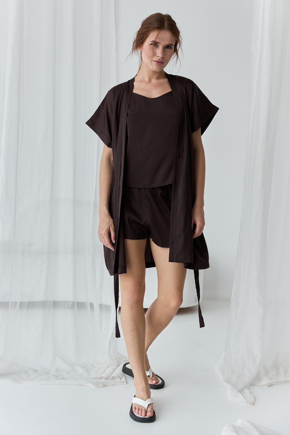 Атласный халат с поясом 0242 dark chocolate