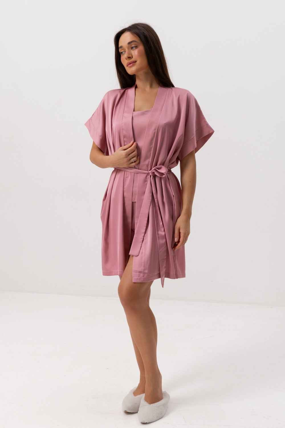 Атласний халат з короткими рукавами 0242 dark rose