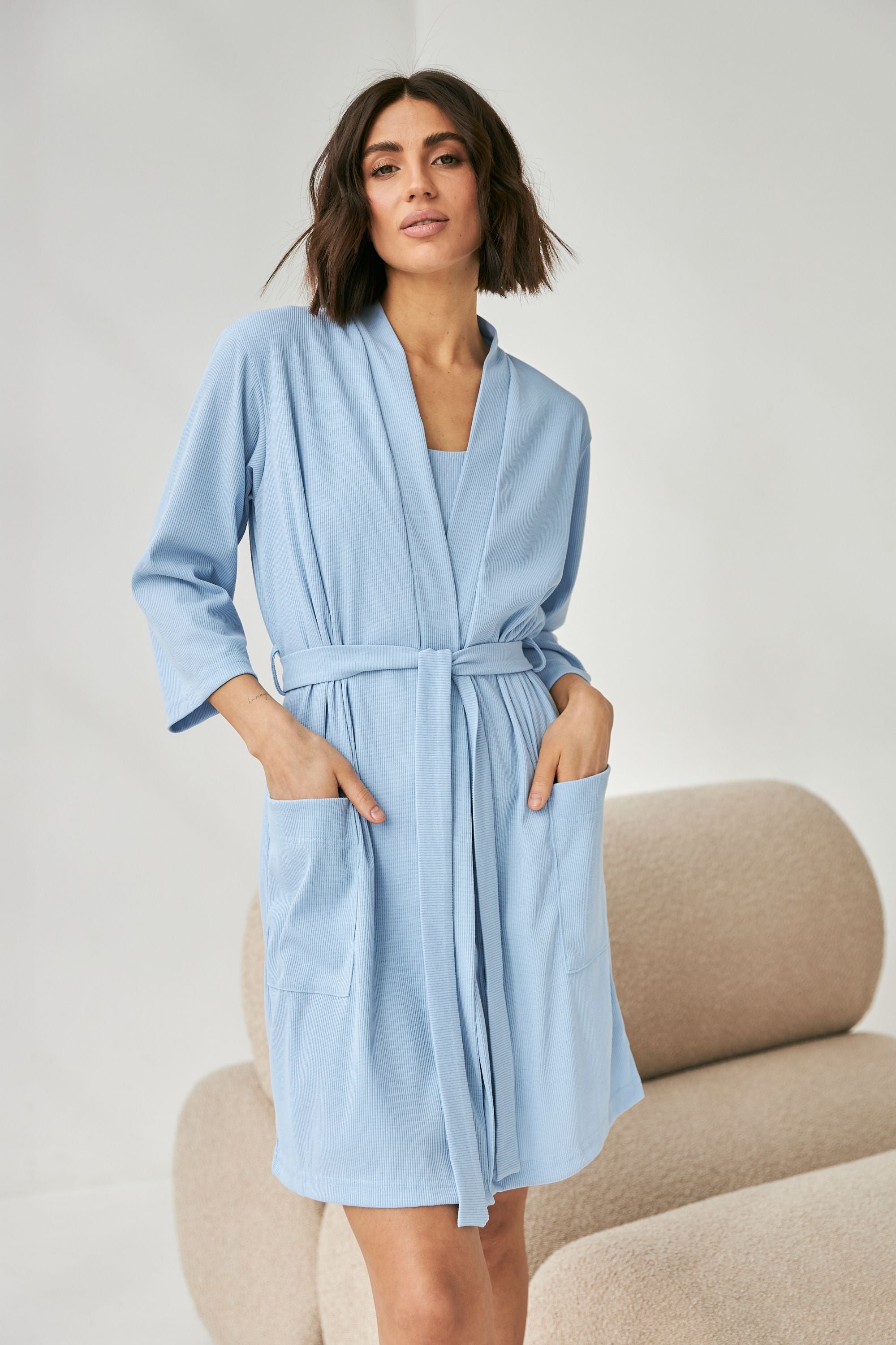 Короткий халат в рубчик 0317 blue