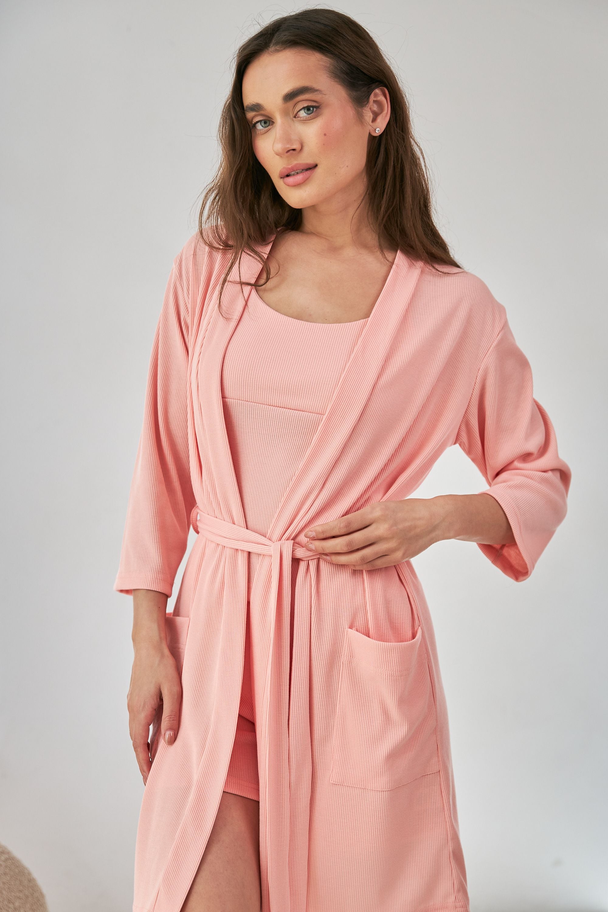 Короткий халат в рубчик 0317 peach
