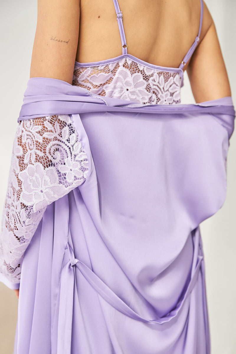 Атласный халат с кружевными рукавами 0337 lilac