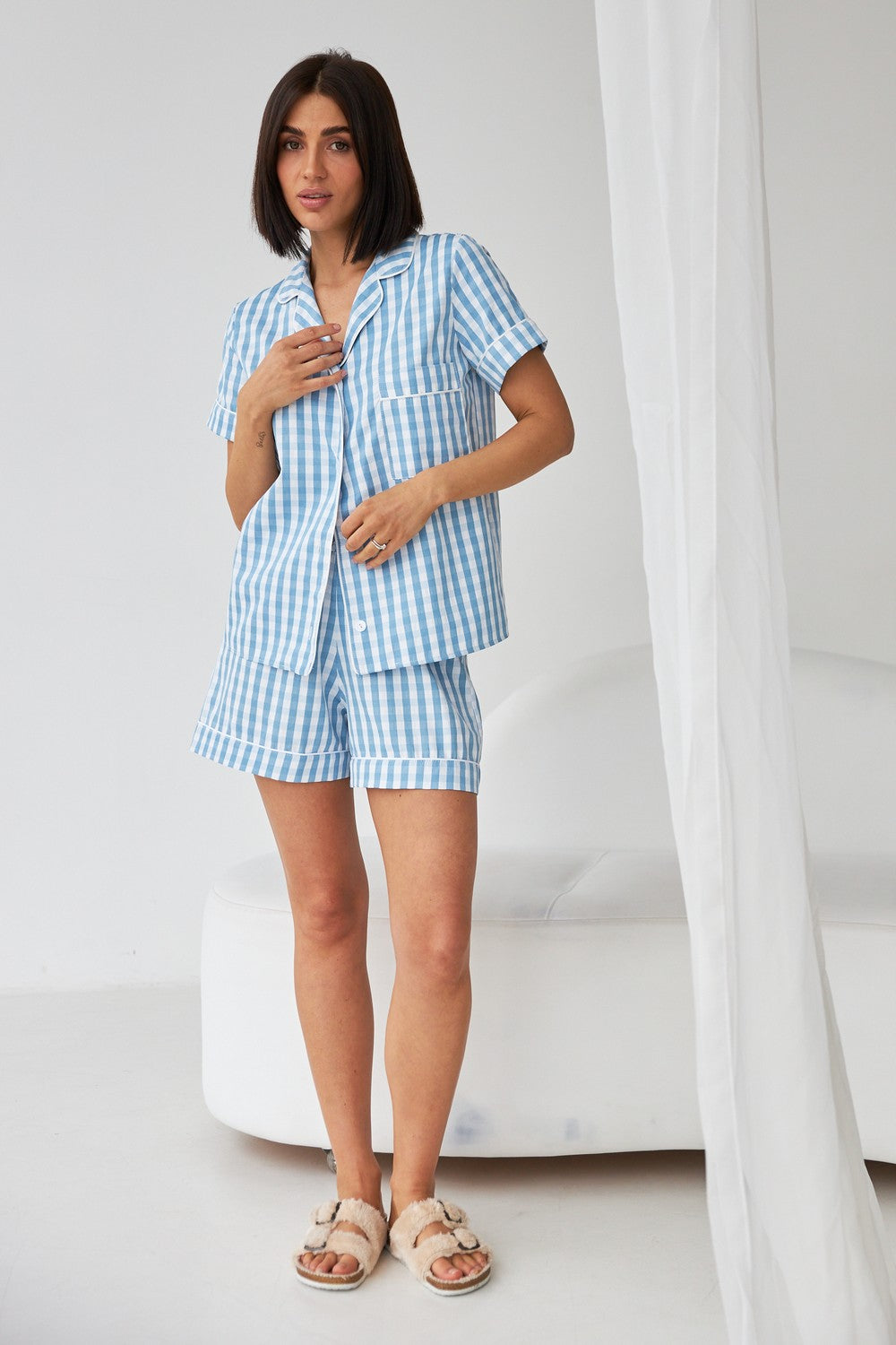 Хлопковая пижама в клетку 0358/359 blue cell