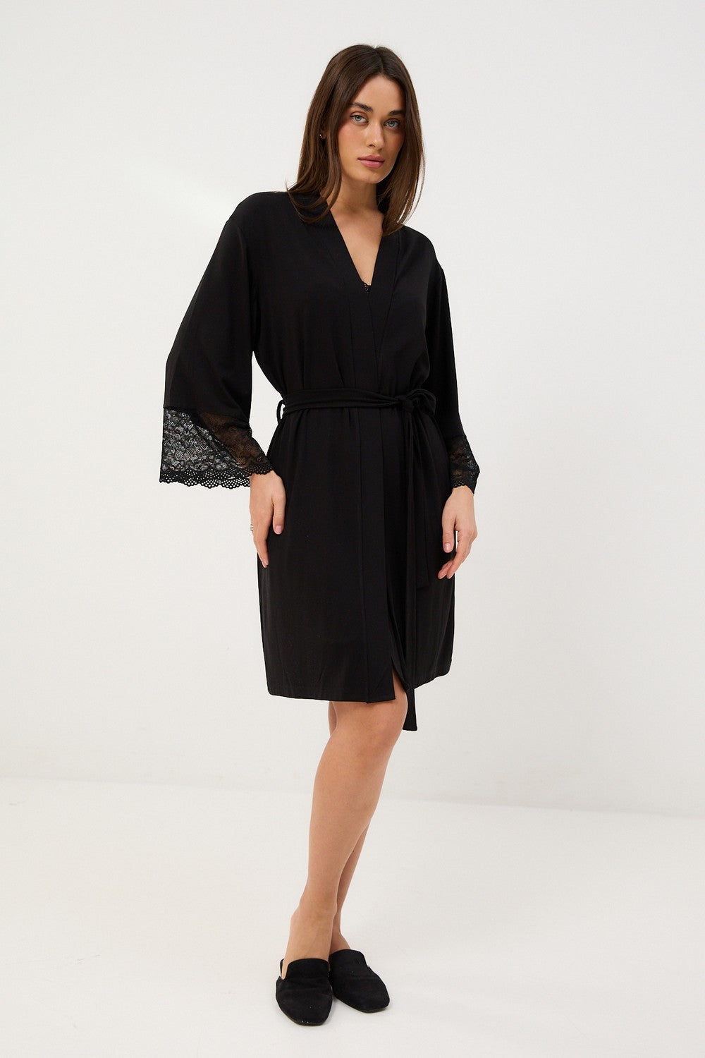 Халат с кружевом 0389 black