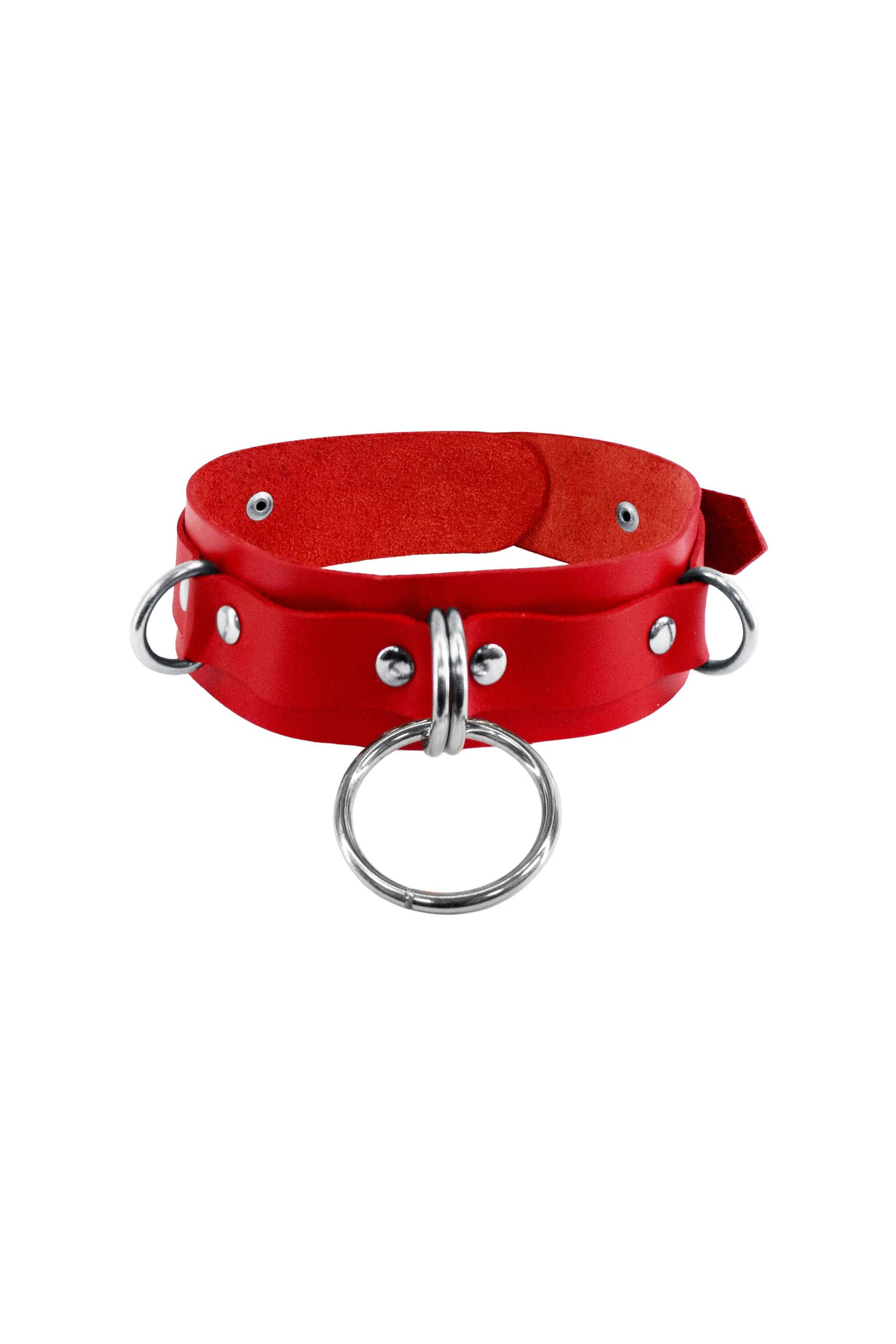 Кожаный ошейник для фиксации D-Rings red