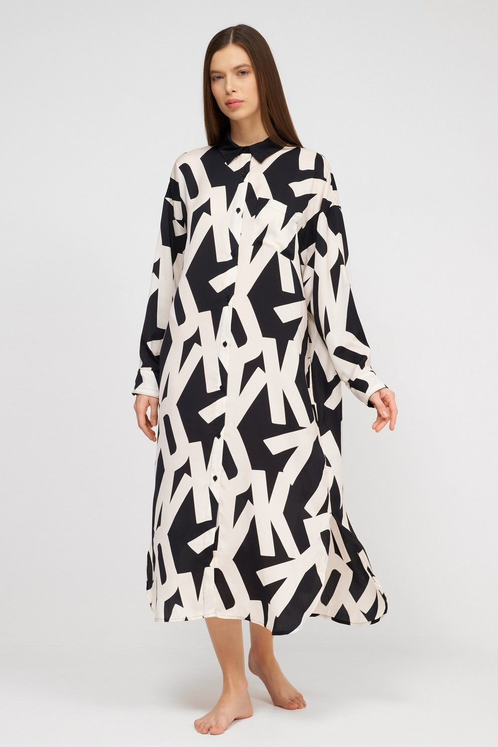 Длинный халат на пуговицах YI20019 black