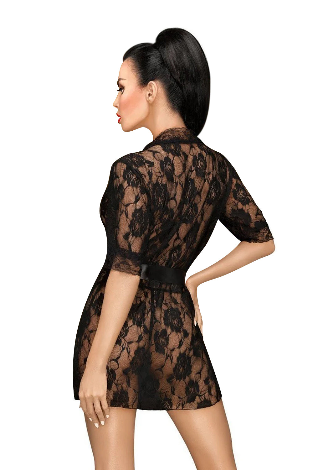 Кружевной пеньюар с атласным поясом Sweet Retreat black