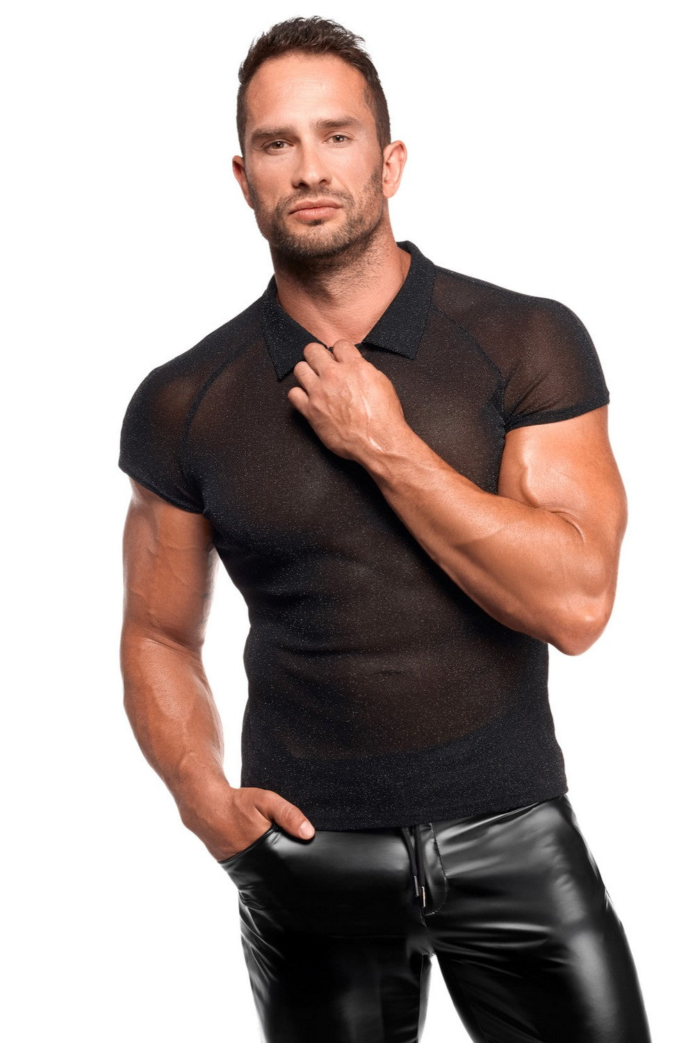 Футболка чоловіча з мікросітки H082 Onyx veil polo Noir Handmade