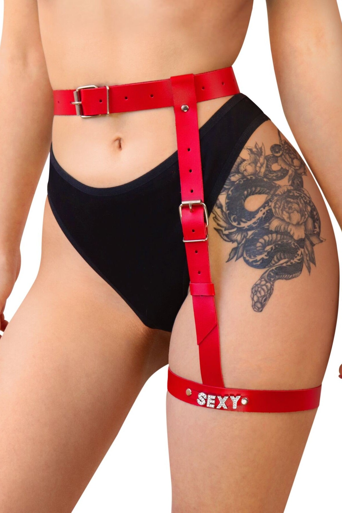 Кожаный гартер с поясом Naomi red