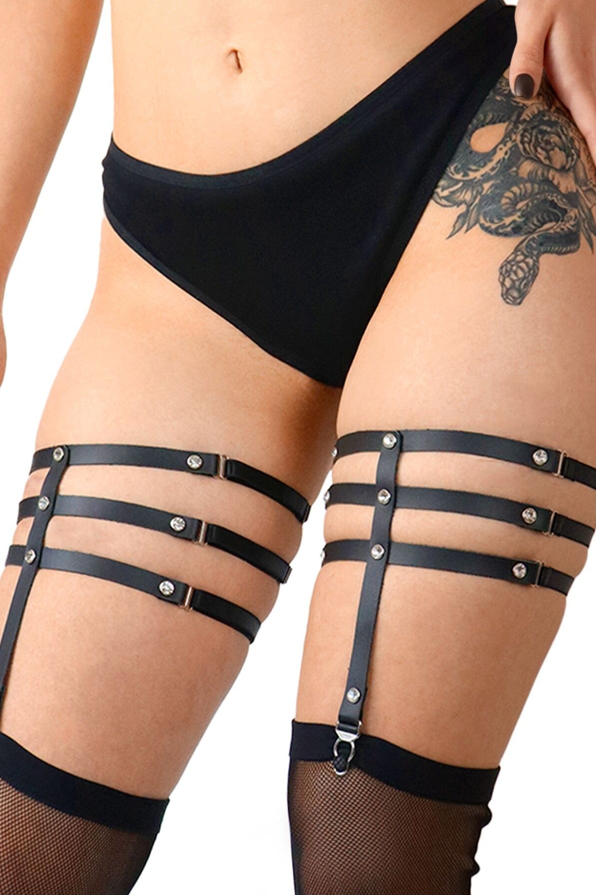 Кожаные гартеры с стразами Floy black (2 шт.)