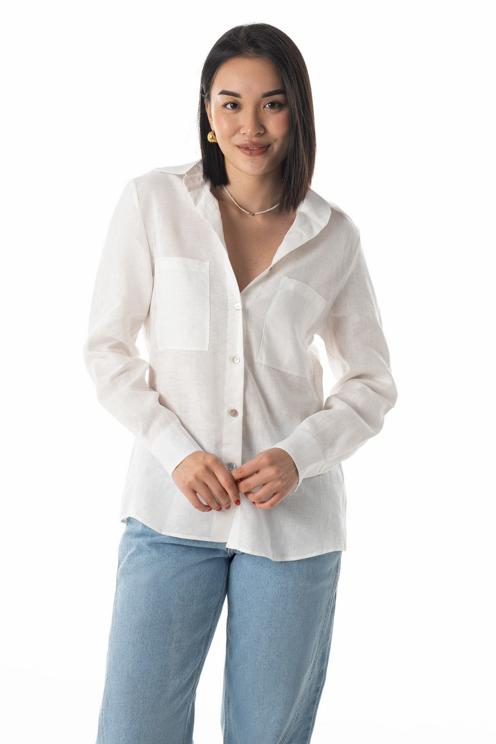 Льняная рубашка с карманами 23047 white