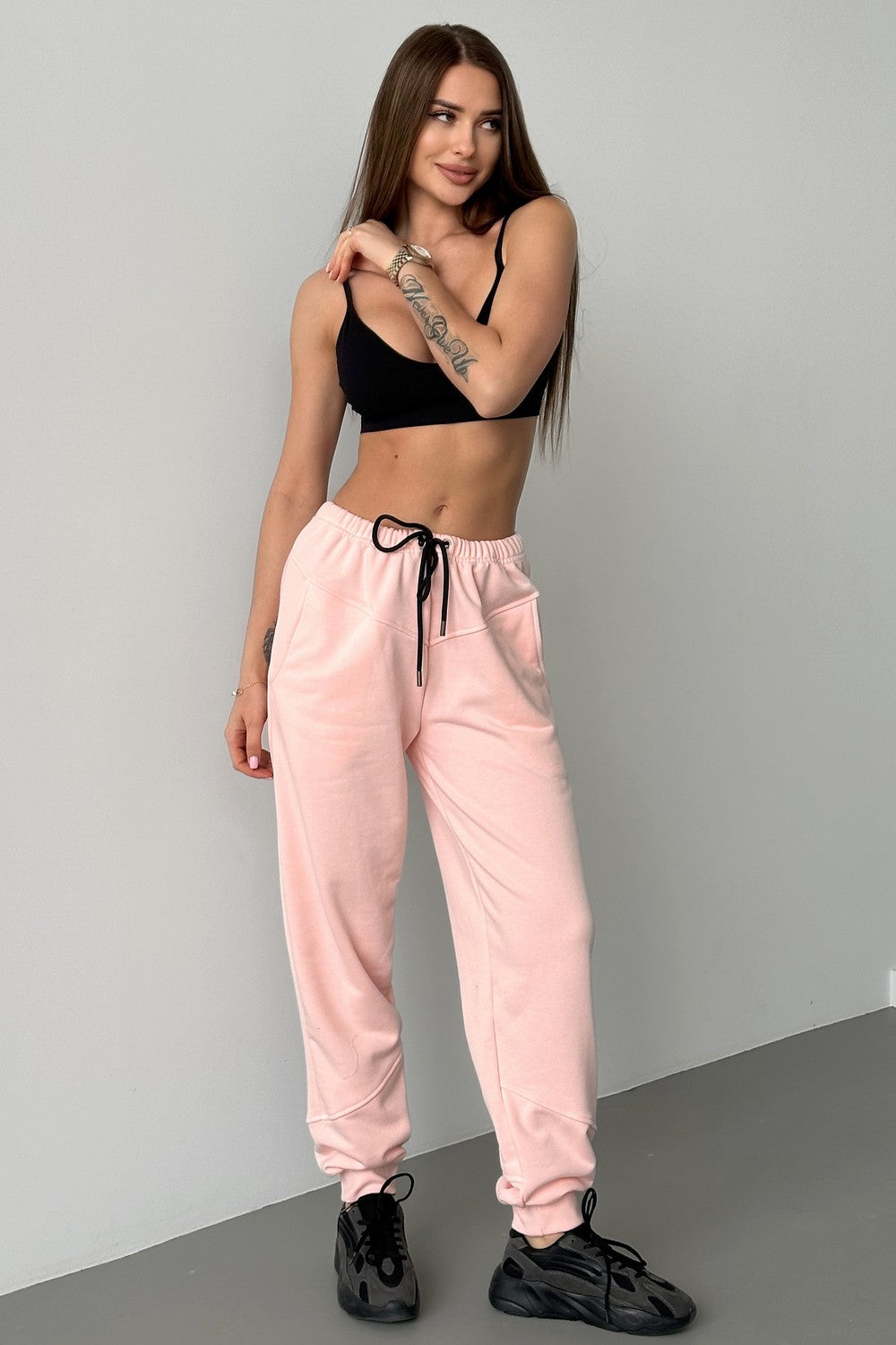 Трикотажні джогери з кокеткою 24056 peach