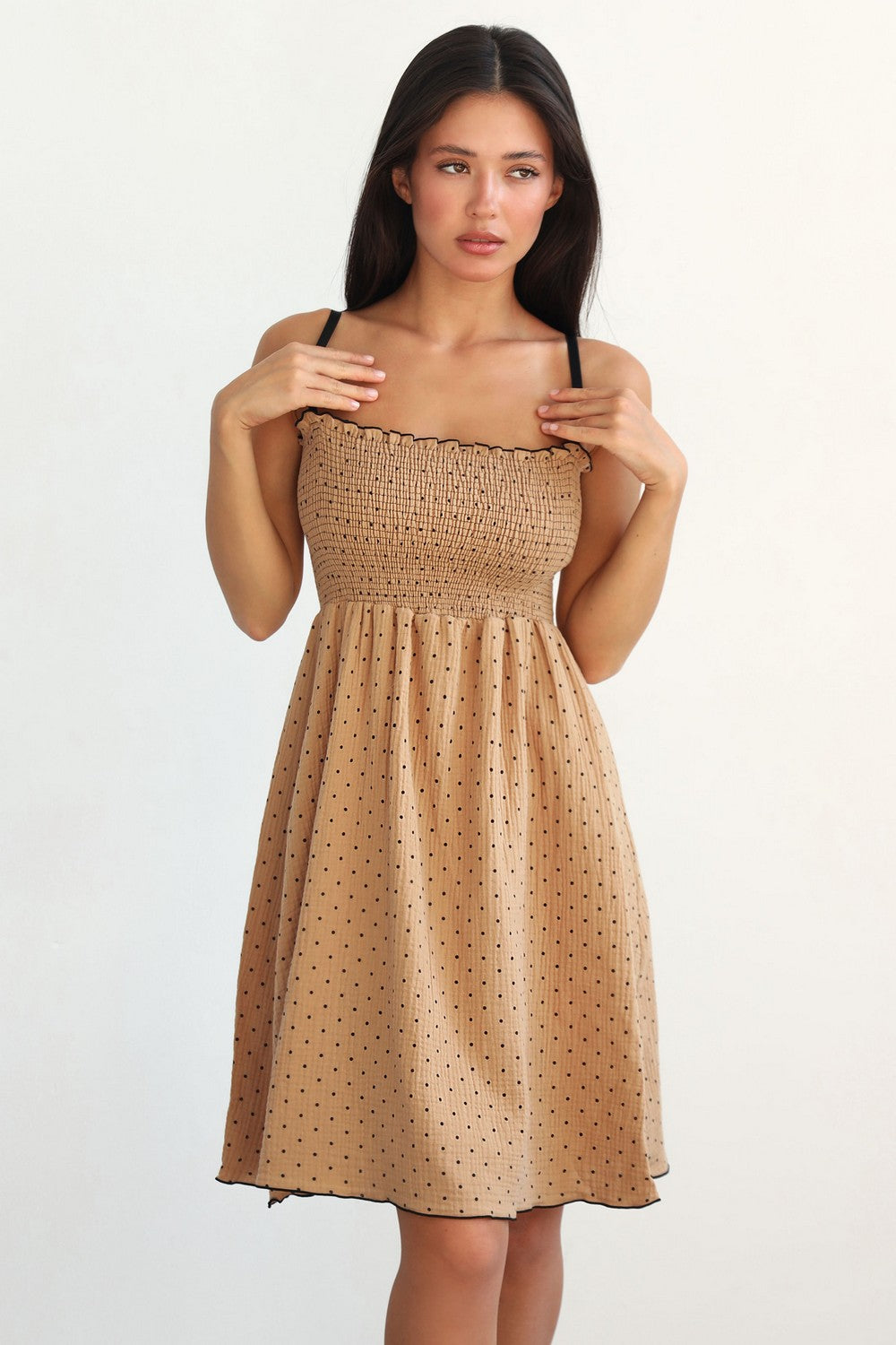 Мусліновий сарафан у горошок 24147 cappuccino