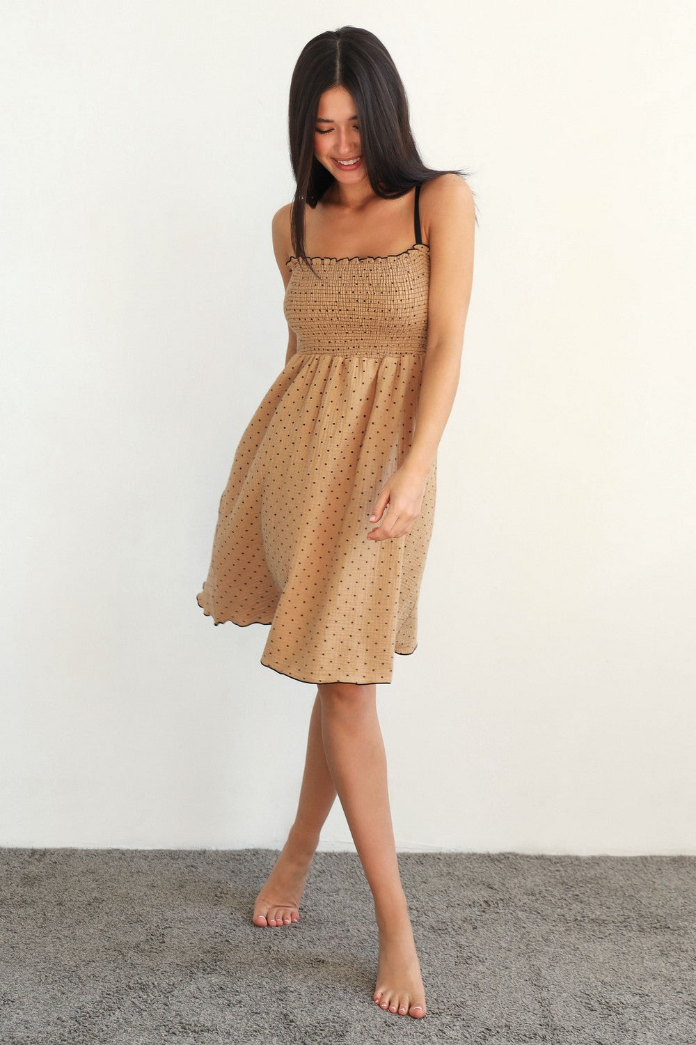 Мусліновий сарафан у горошок 24147 cappuccino