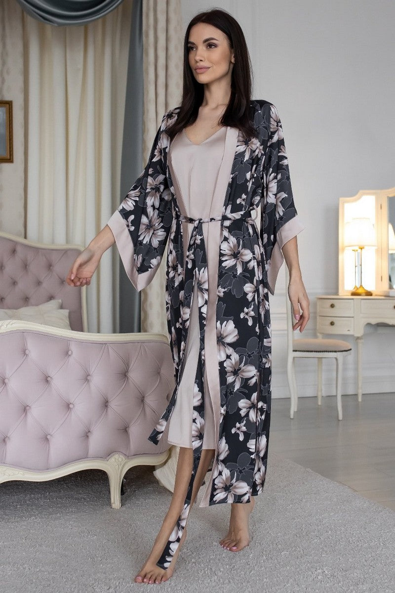 Довгий халат із принтом Хб399 beige/flower print MiaNaGreen