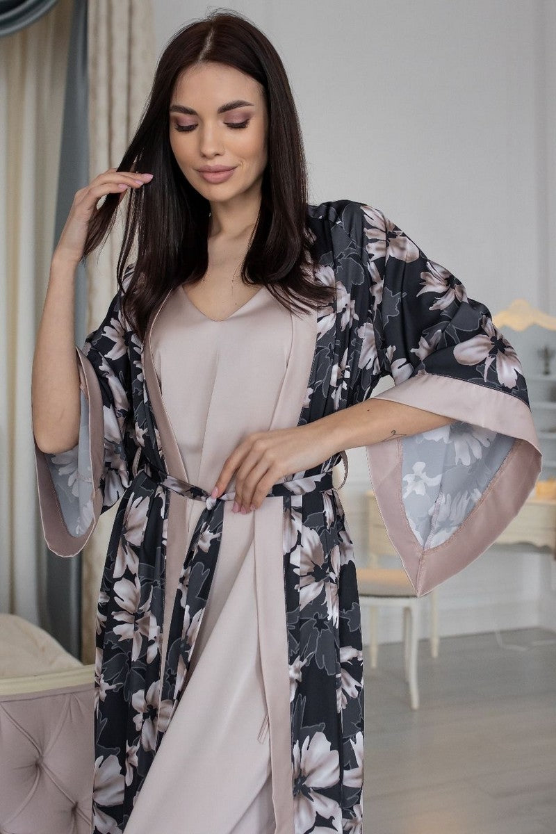 Довгий халат із принтом Хб399 beige/flower print MiaNaGreen