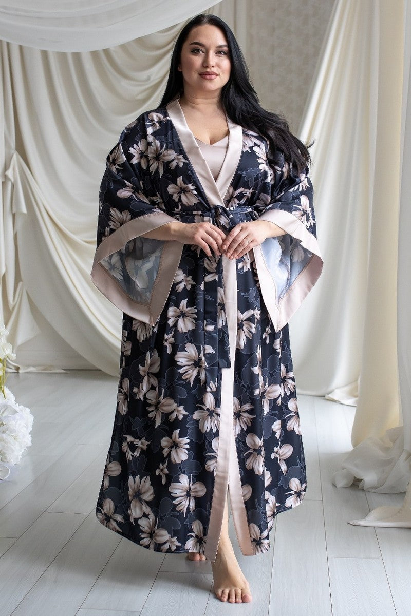 Довгий халат із принтом Хб399 beige/flower print MiaNaGreen
