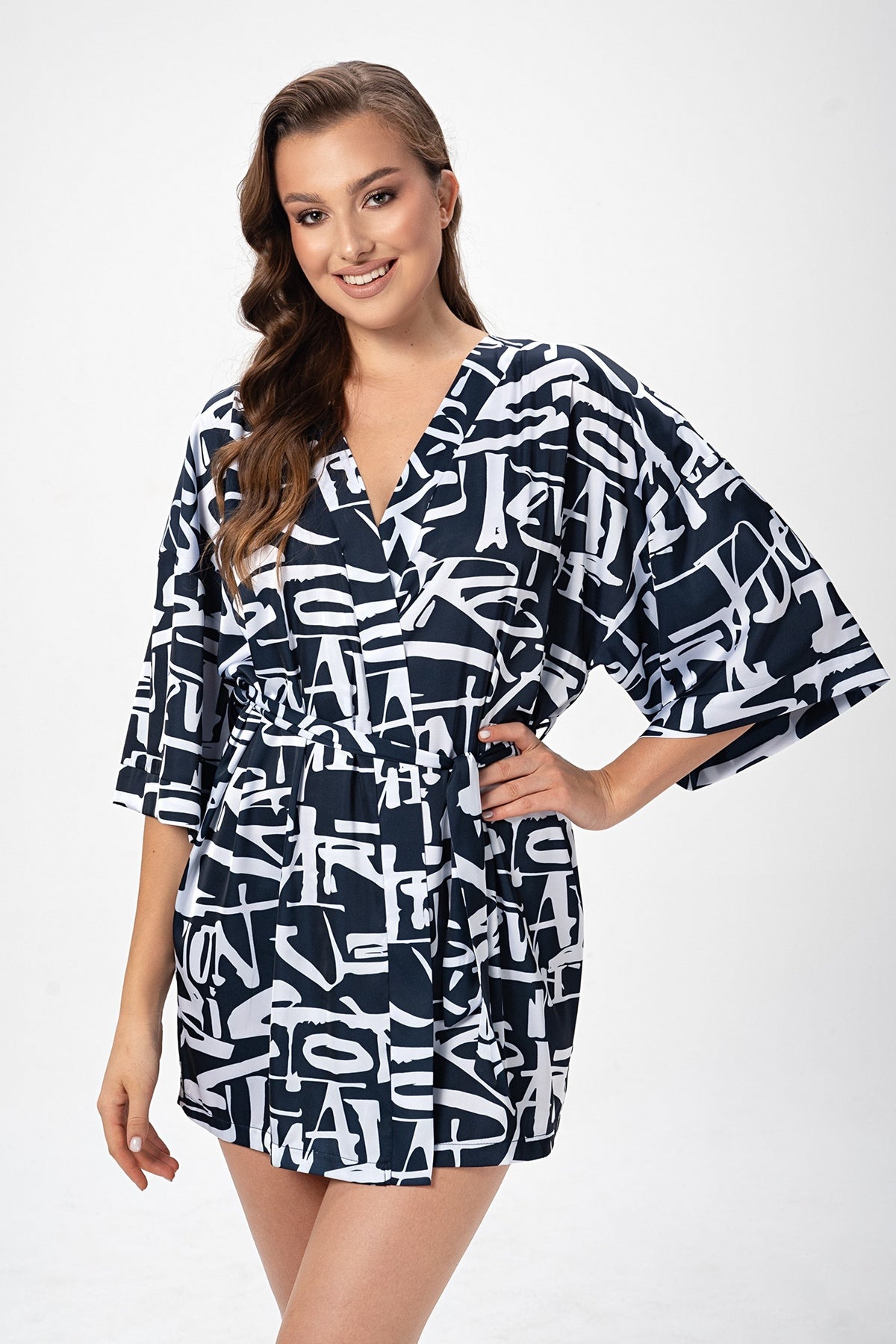 Атласный халат с принтом 2510 navy blue