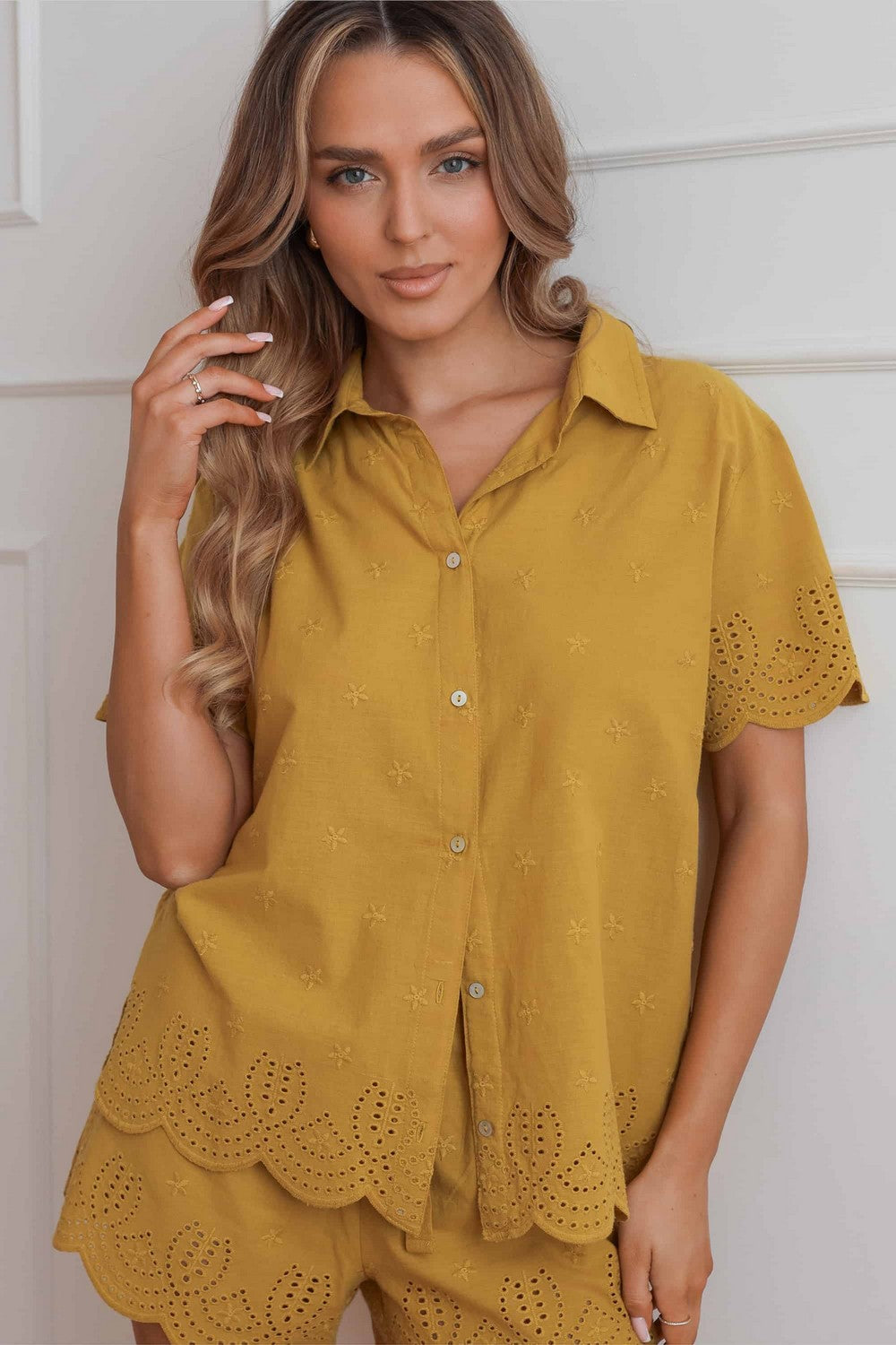 Хлопковая блуза на пуговицах 3737 Belle bronze ochre