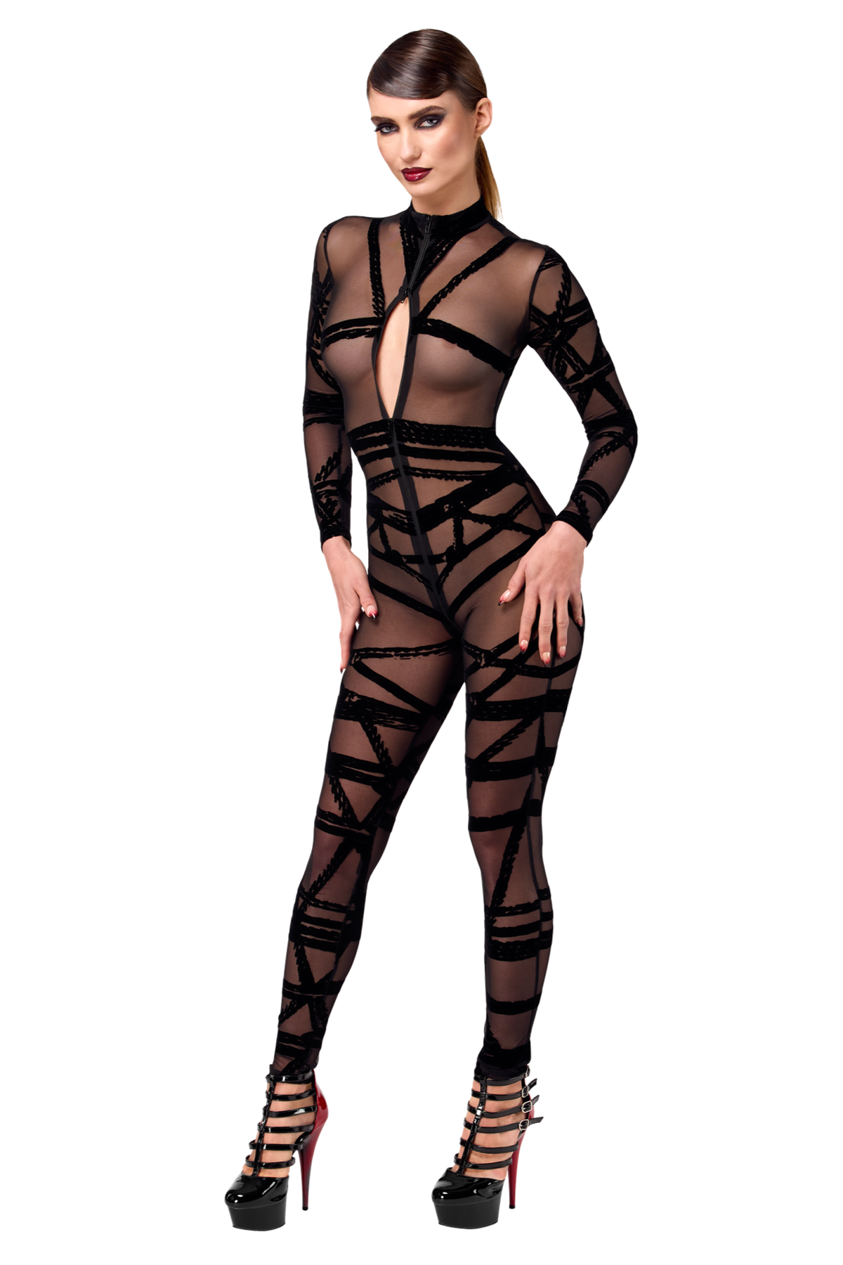 Комбінезон із бархатним флоком F357 Bondesque Catsuit Noir Handmade