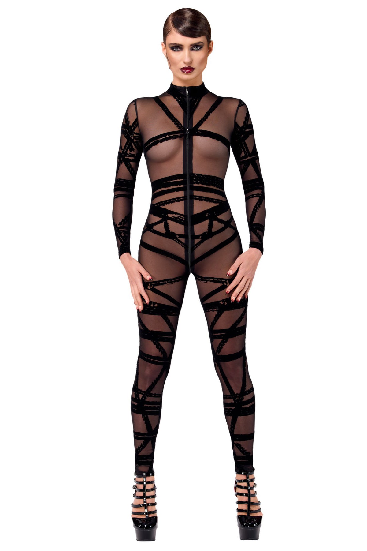 Комбінезон із бархатним флоком F357 Bondesque Catsuit Noir Handmade