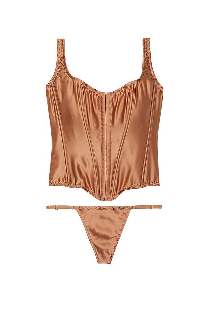 Атласний комплект із корсетом 736337525 chocolate