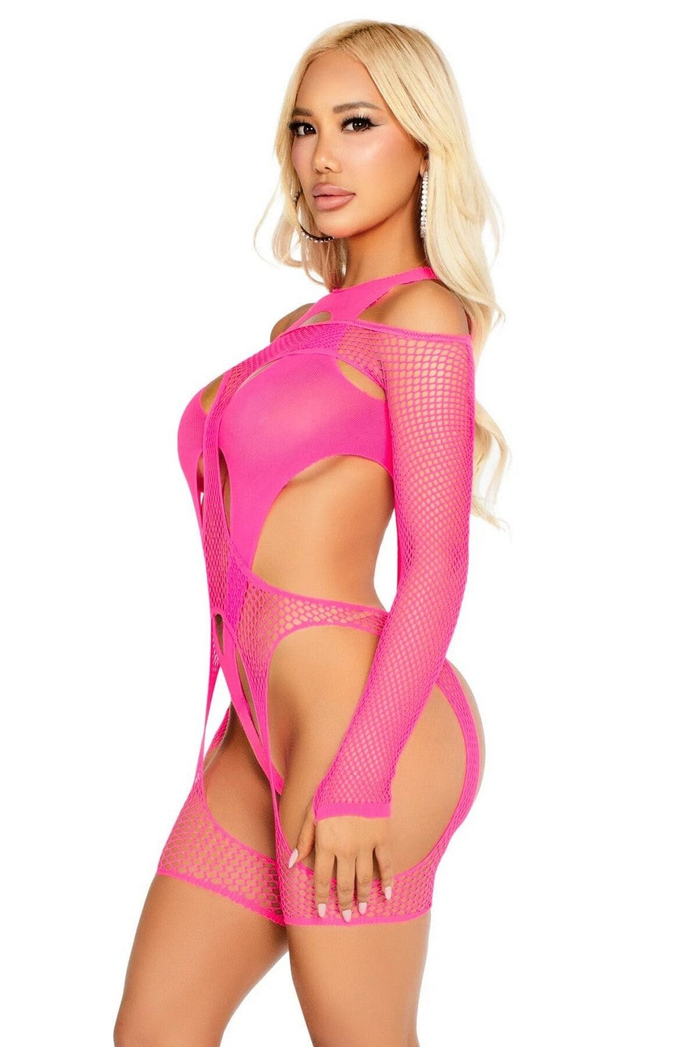 Боди-стринг из сетки Fishnet Garter Harness and Teddy neon pink