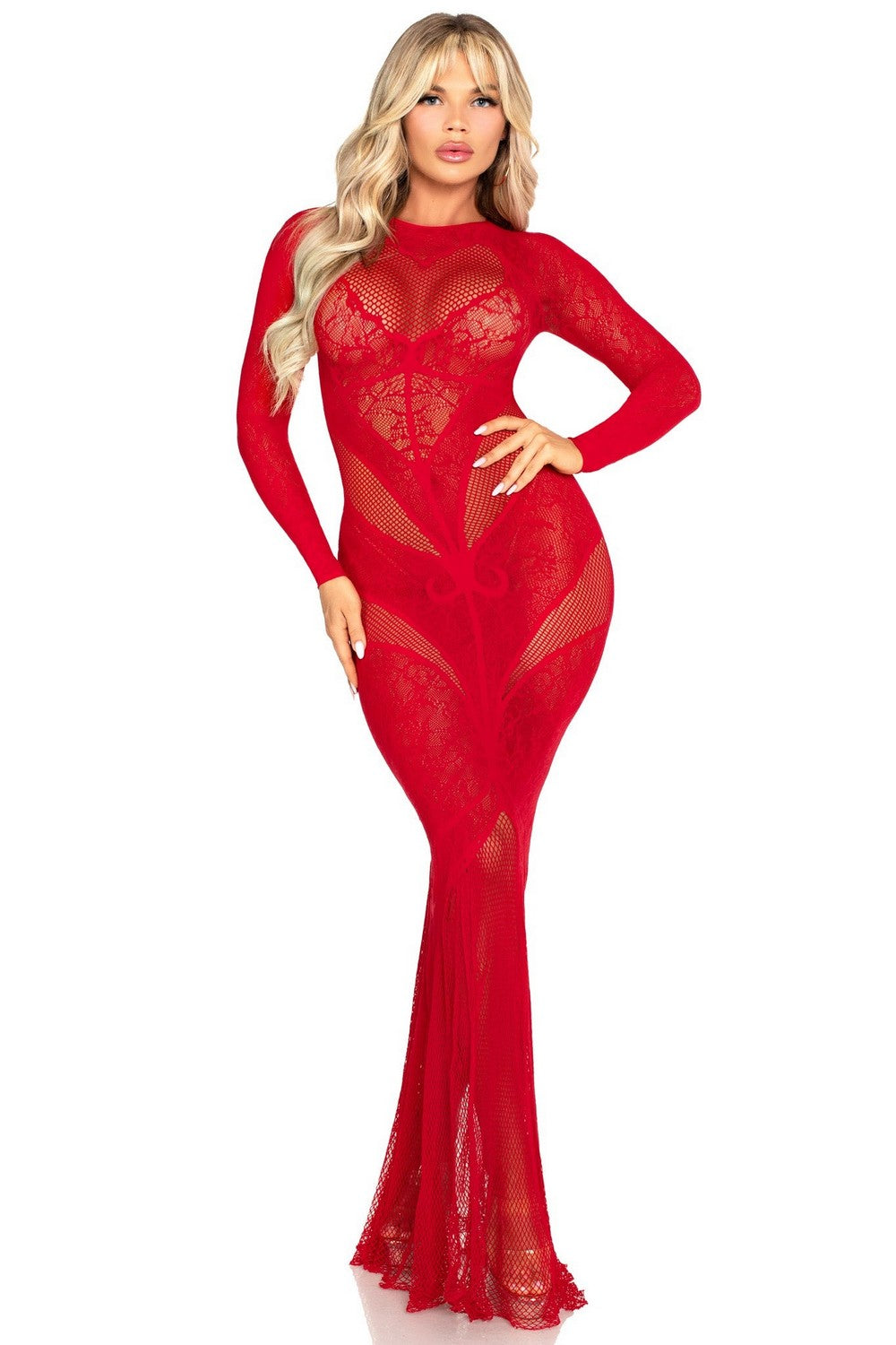 Длинное платье из сетки Lace and Net Bodycon Gown red