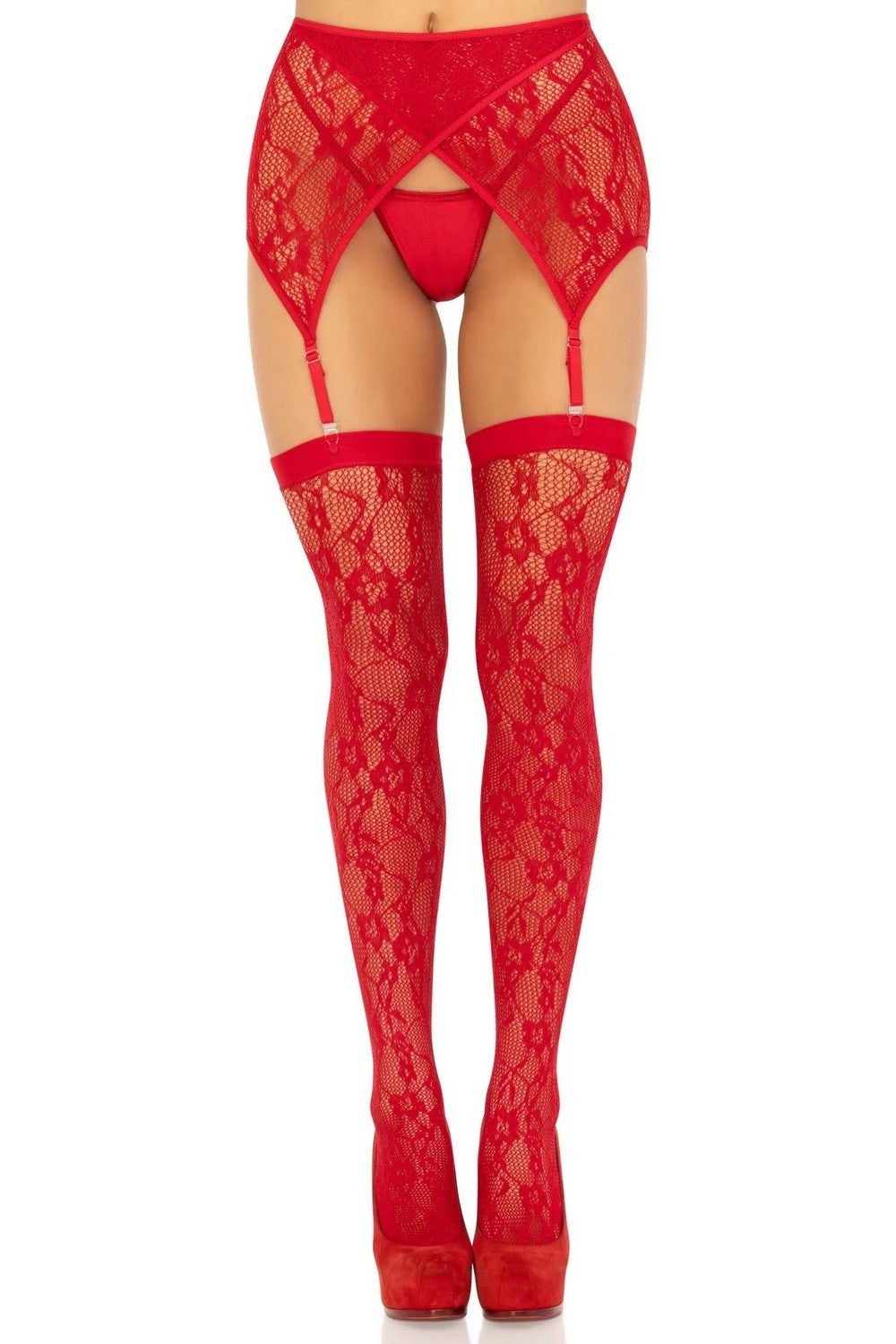 Чулки под пояс Lace thigh highs & garterbelt red