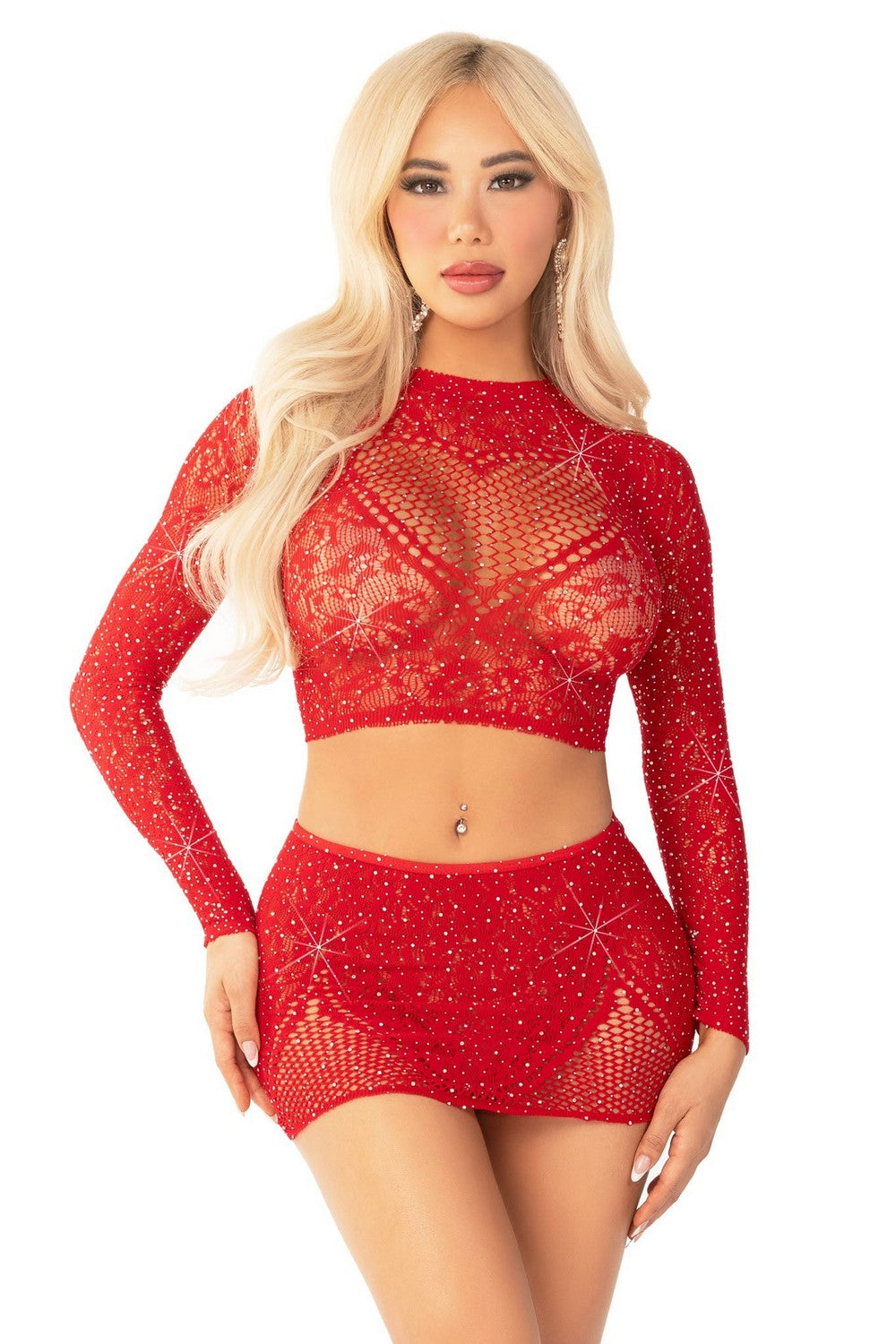 Комплект со стразами Rhinestone Crop Top and Mini Skirt red