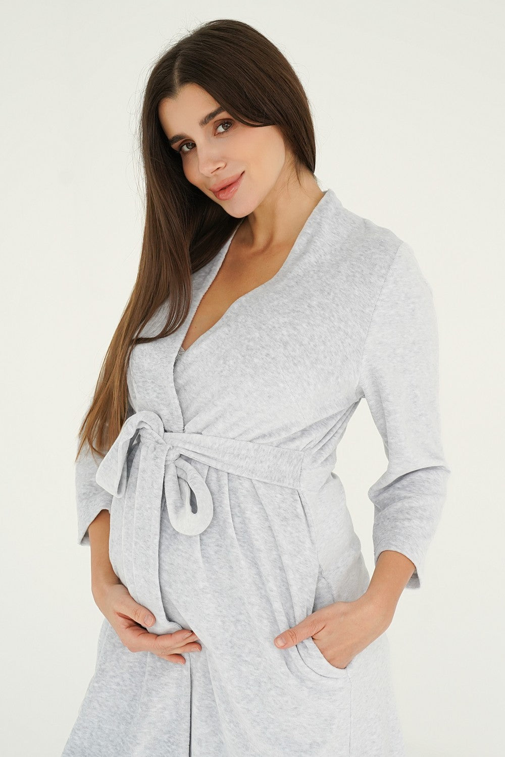 Велюровий халат для вагітних і годуючих мам 25400 light gray