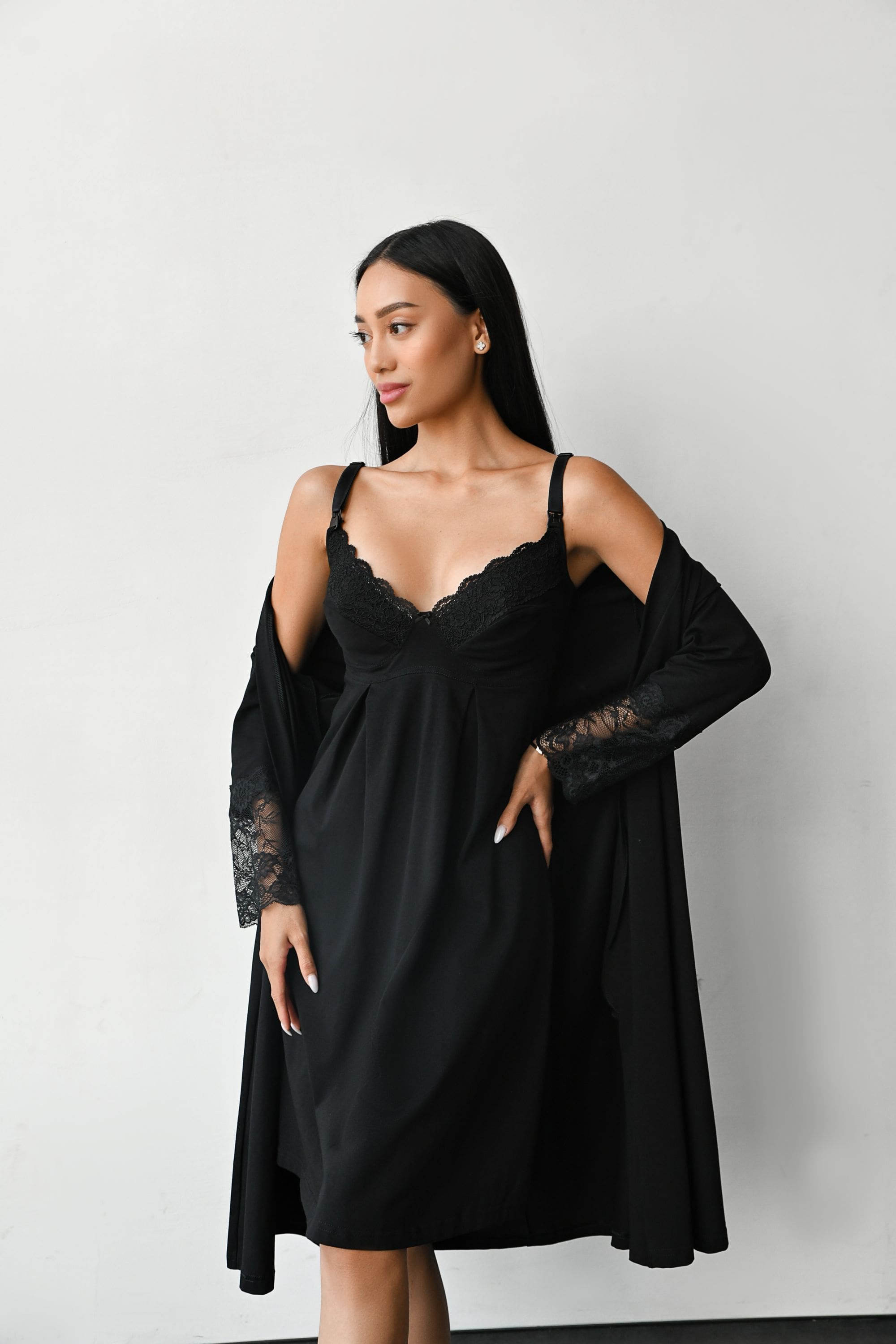 Ночная хлопковая сорочка для кормящих мам 24182 black