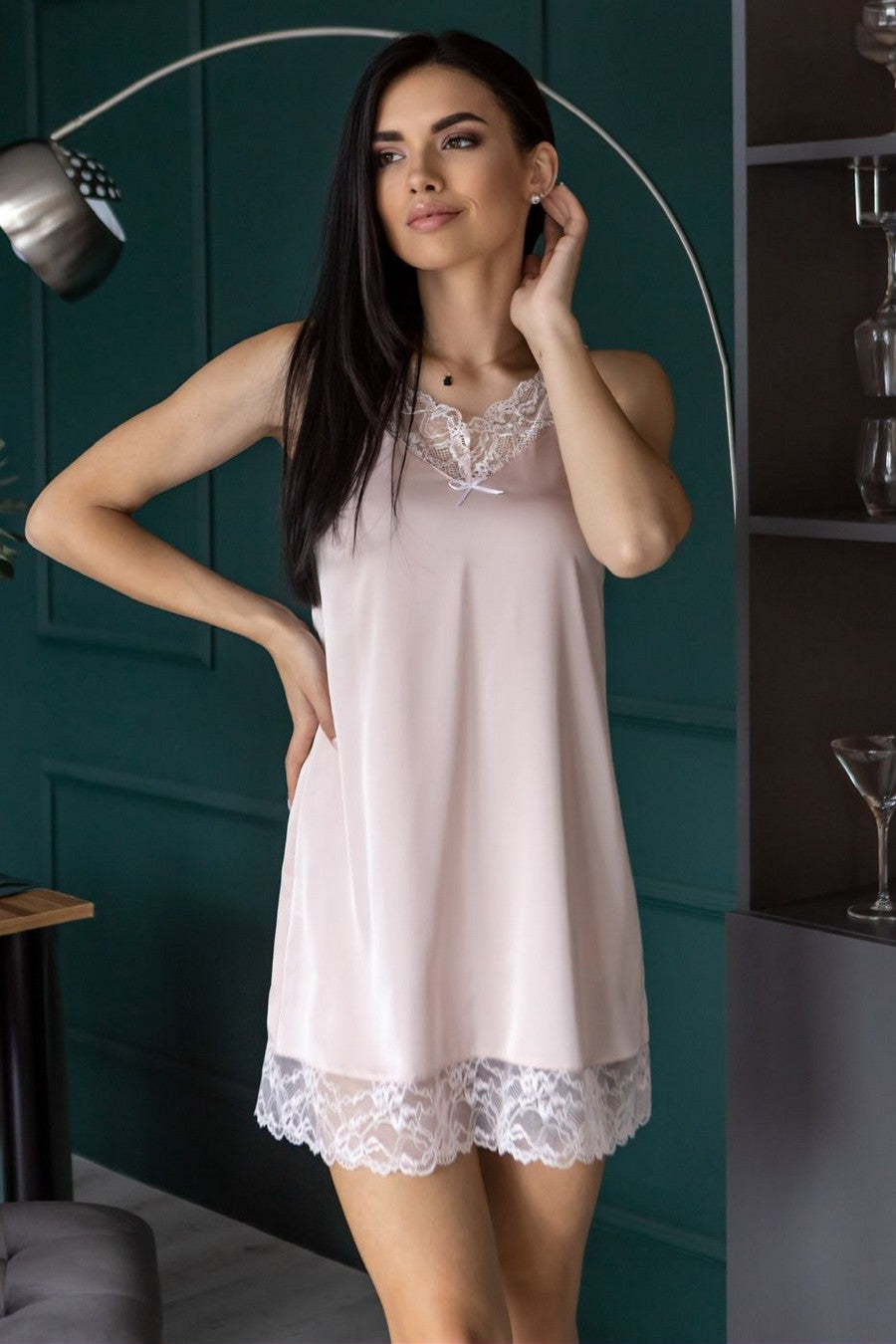 Шелковая сорочка с кружевом Н930 light rose