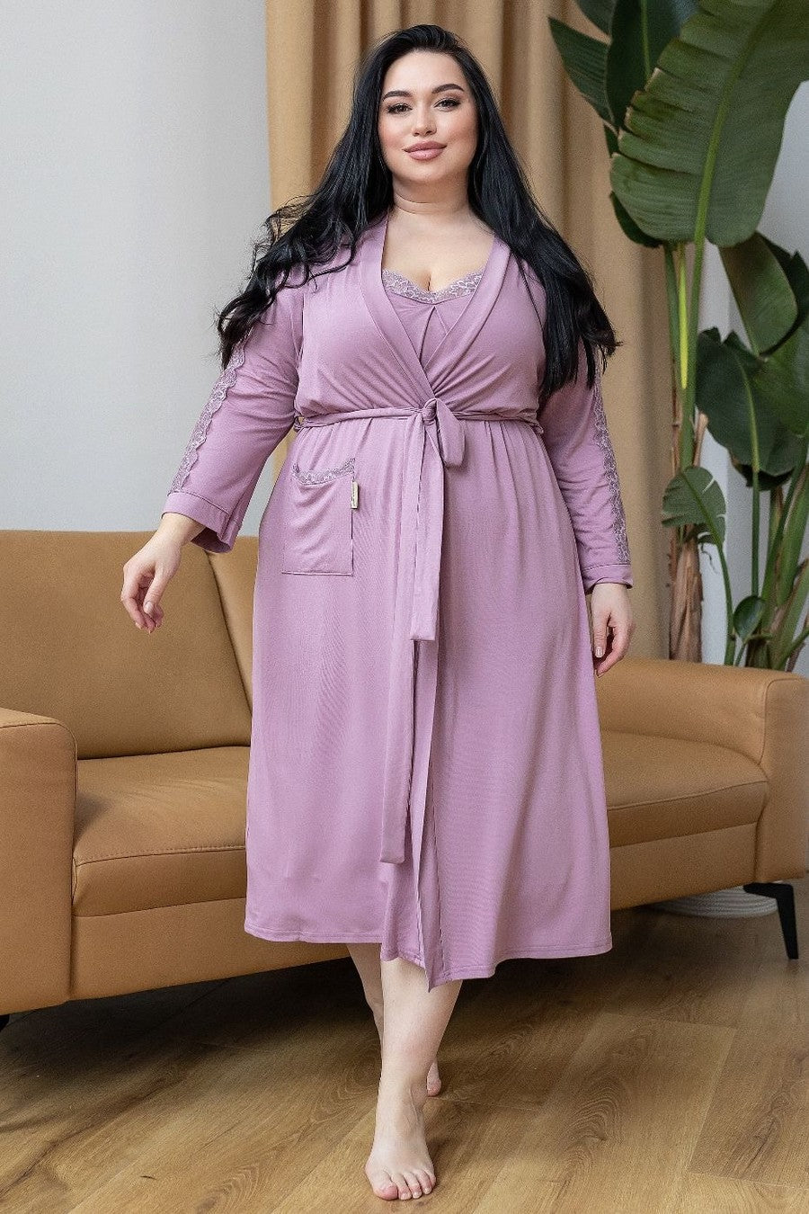 Халат из вискозы с кружевом Хф1212 pale purple