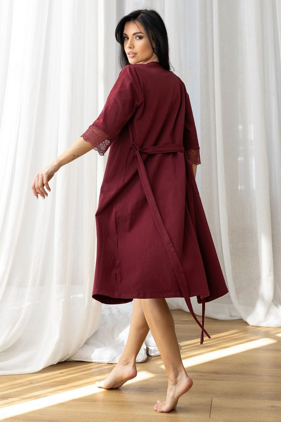 Халат из хлопка с кружевом Хм1112 dark red