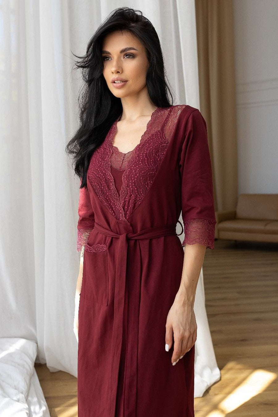 Халат из хлопка с кружевом Хм1112 dark red