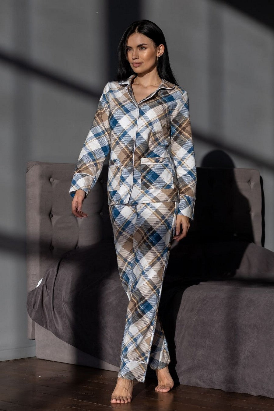 Фланелевая пижама на пуговицах П1001 blue