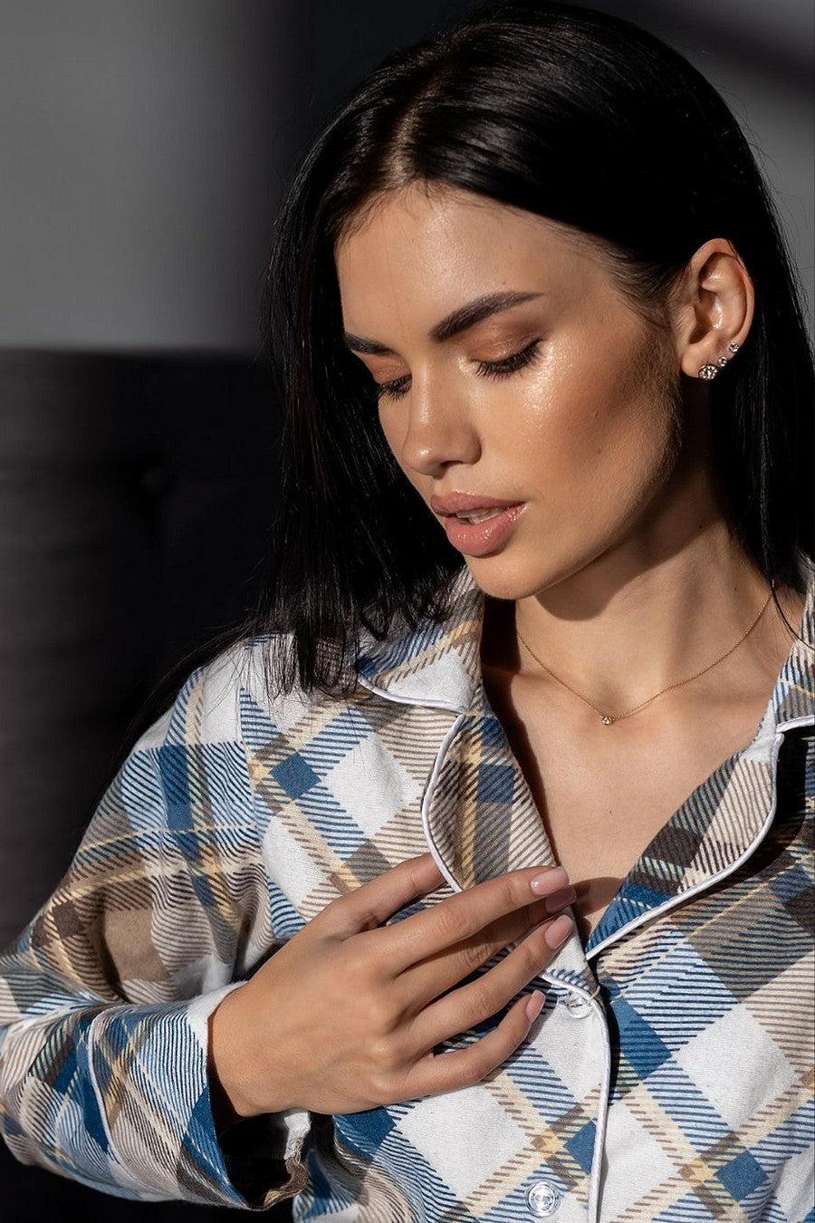 Фланелевая пижама на пуговицах П1001 blue