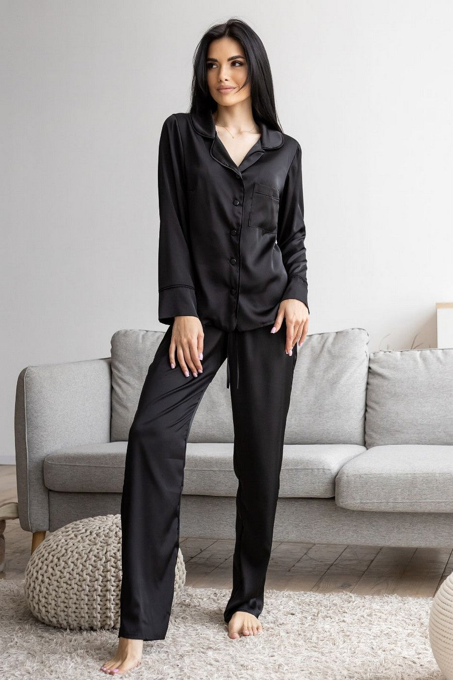 Шелковая пижама на пуговицах П1300 black