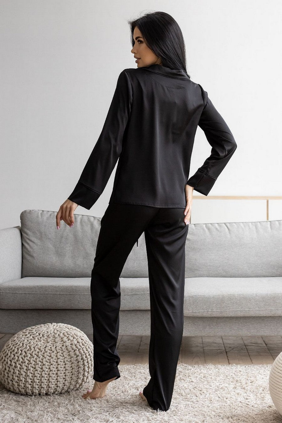 Шелковая пижама на пуговицах П1300 black
